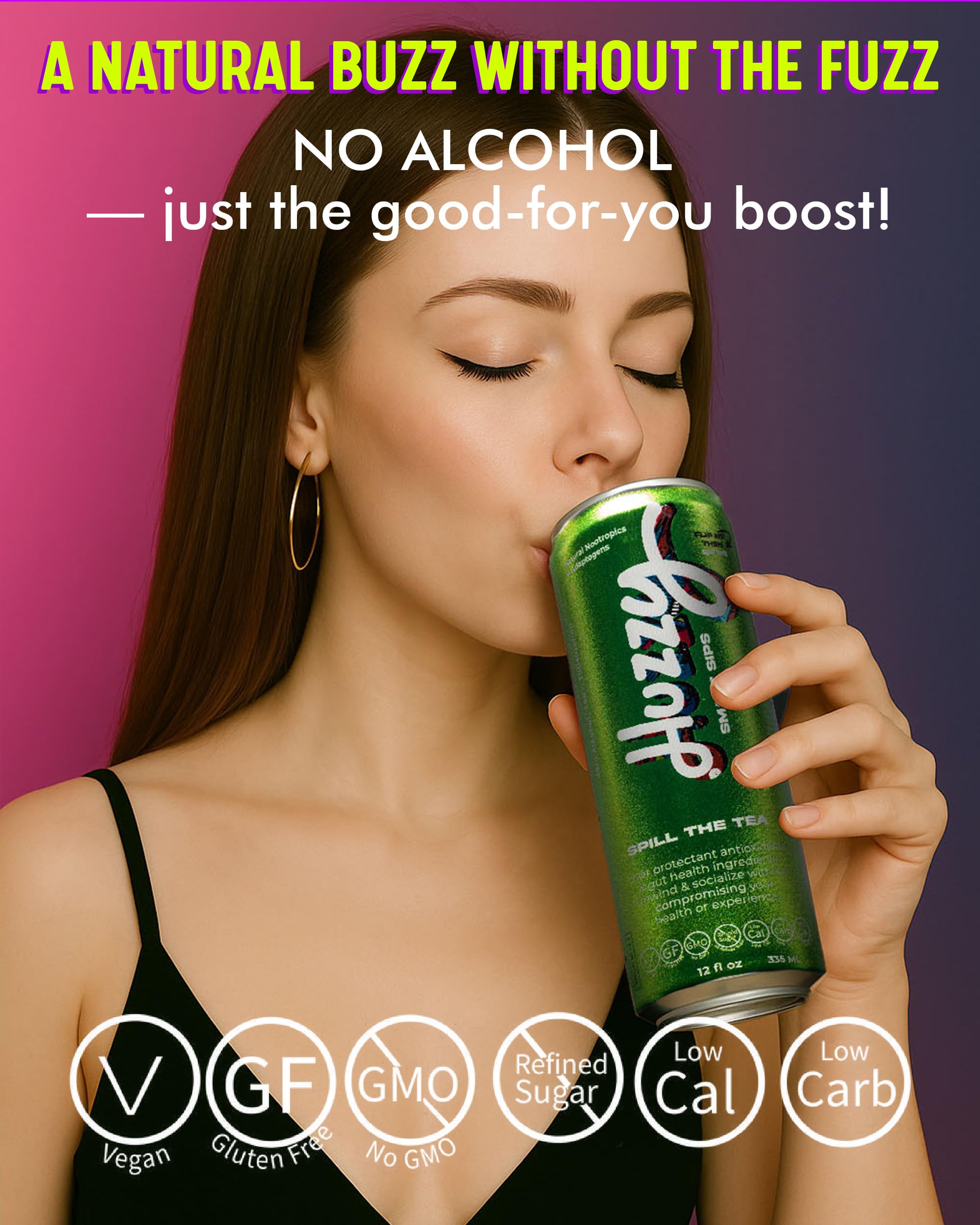 Huzzy Smart Sips Non Alcoholic Drinks - Long Island Inspired Canned Beverage - Alcohol Free Functional Cocktails - Low Calorie, Low Carb, No Refined