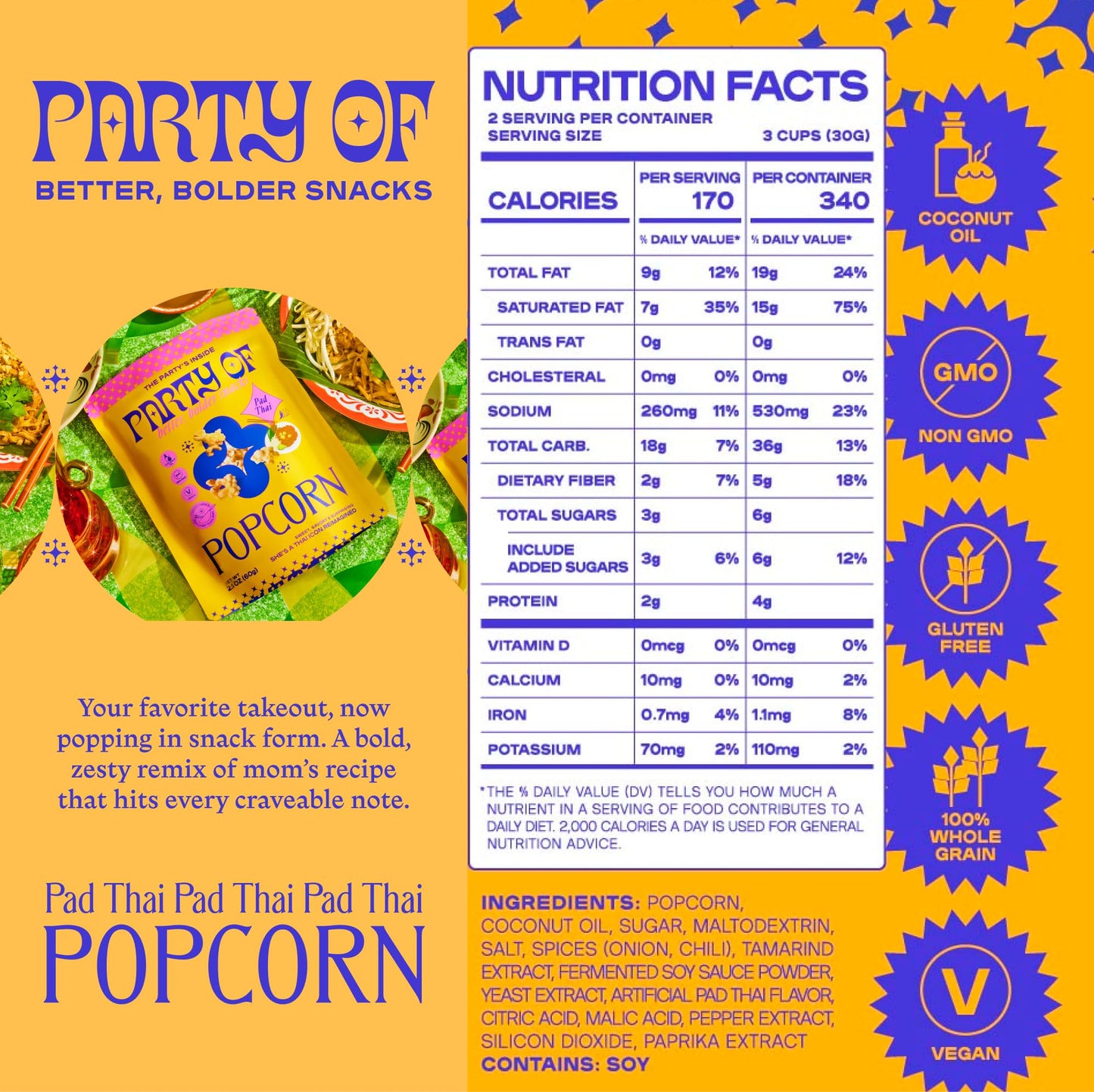 Party of Pad Thai Popcorn - Flavored Gluten-Free Snack Made from Veggie Ingredients, Individually Wrapped, Salted Variety Bags for Sharing, Movie