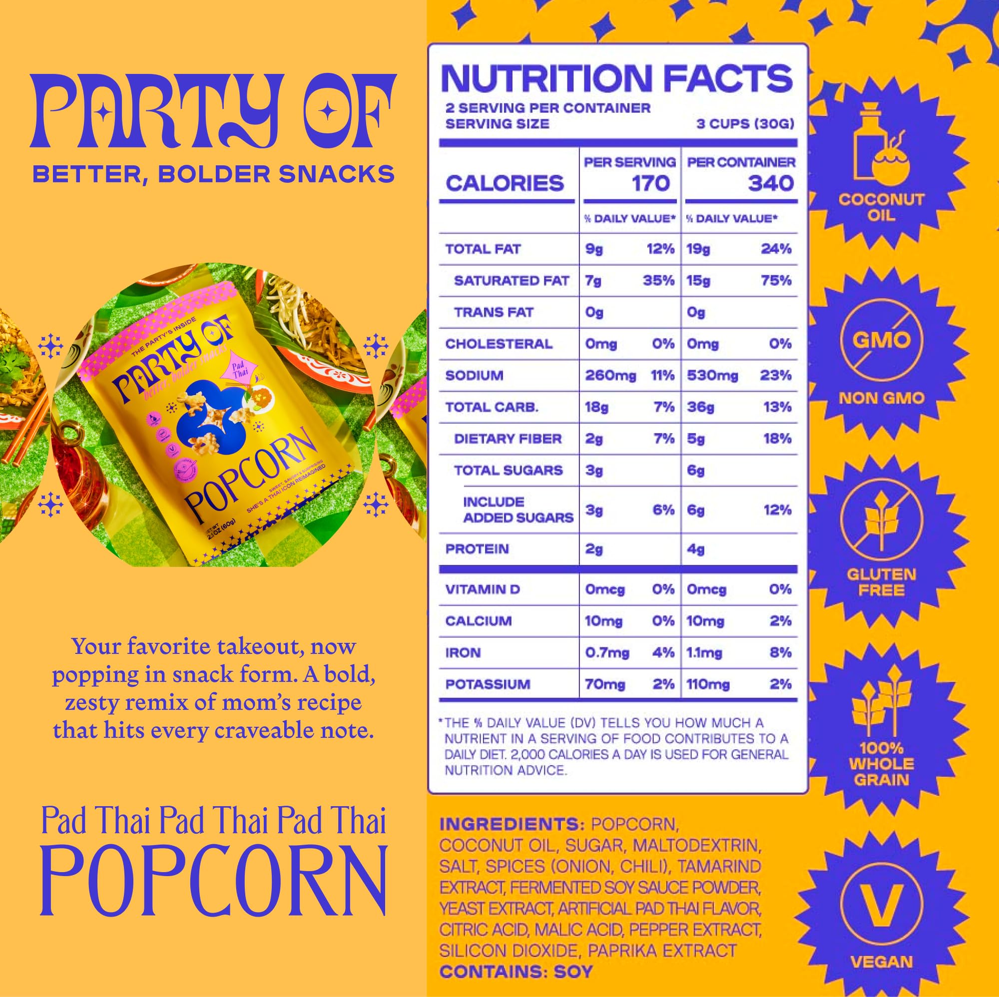 Party of Pad Thai Popcorn - Flavored Gluten-Free Snack Made from Veggie Ingredients, Individually Wrapped, Salted Variety Bags for Sharing, Movie