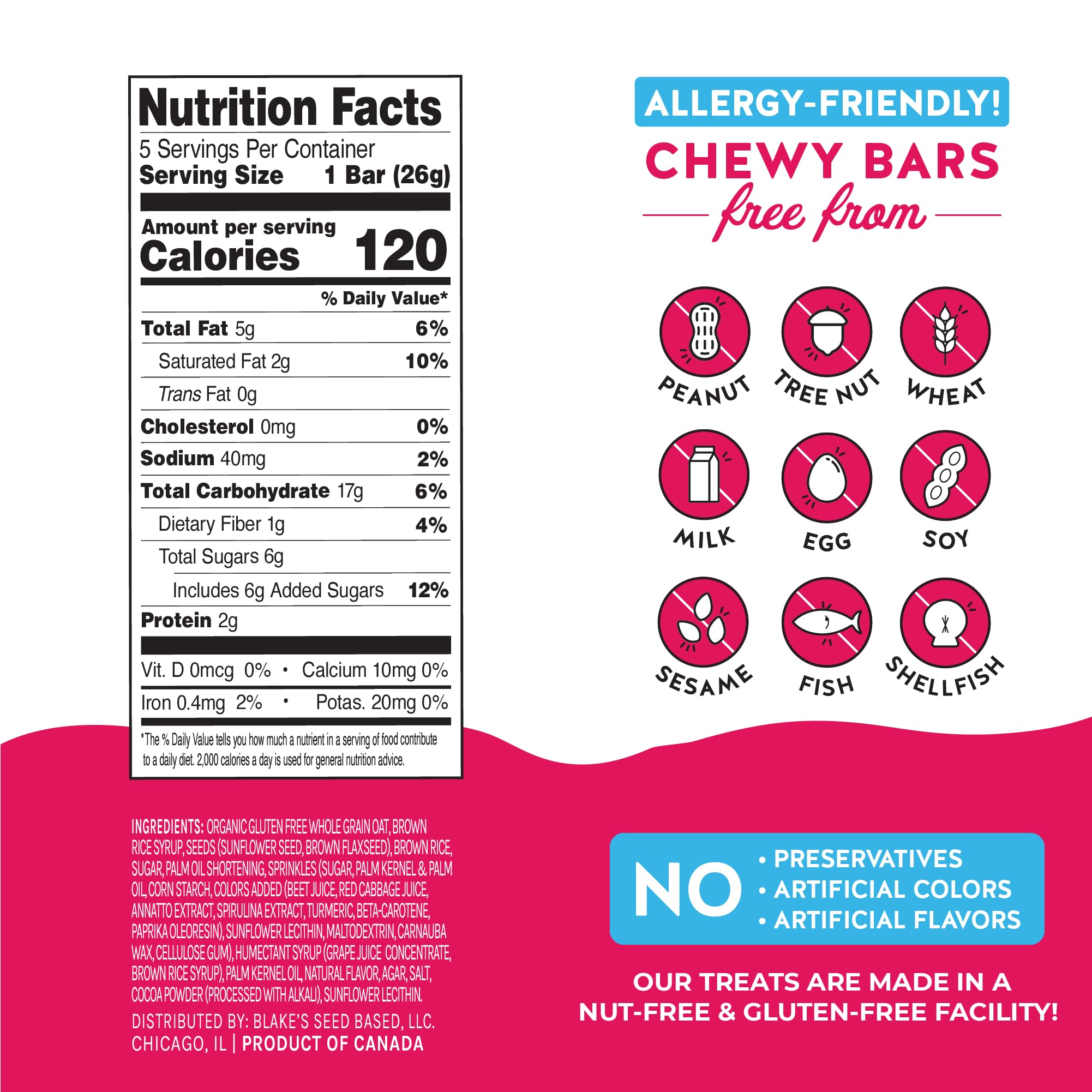 Blake’s Seed Based Chewy Granola Bars - Birthday Cake (5 Count), Vegan, Gluten Free, Nut Free & Dairy Free, Healthy Snacks for Kids or Adults, School