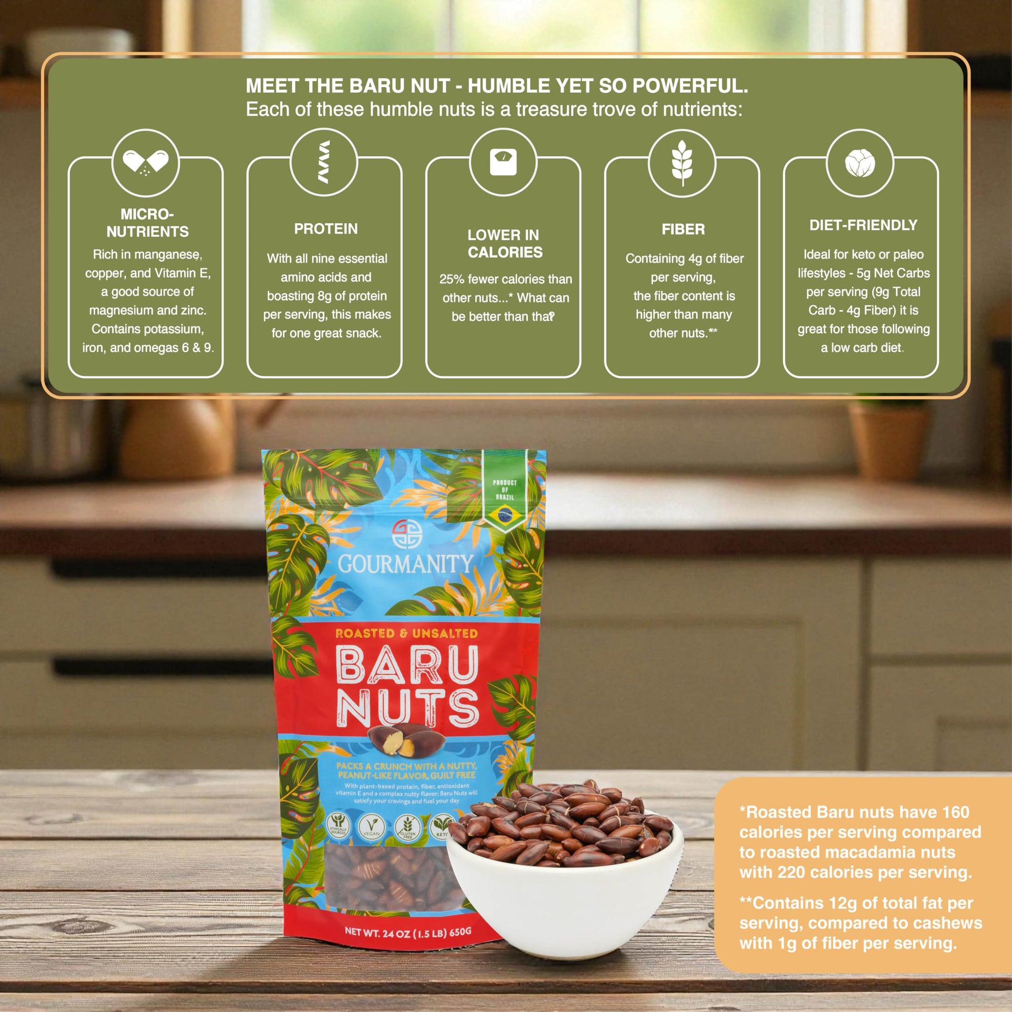 Gourmanity Brazilian Baru Nuts, 1.5 LB, Complex Nutty Flavor, High in Protein, Vitamin E and Omega 6 & 9, Roasted and Unsalted