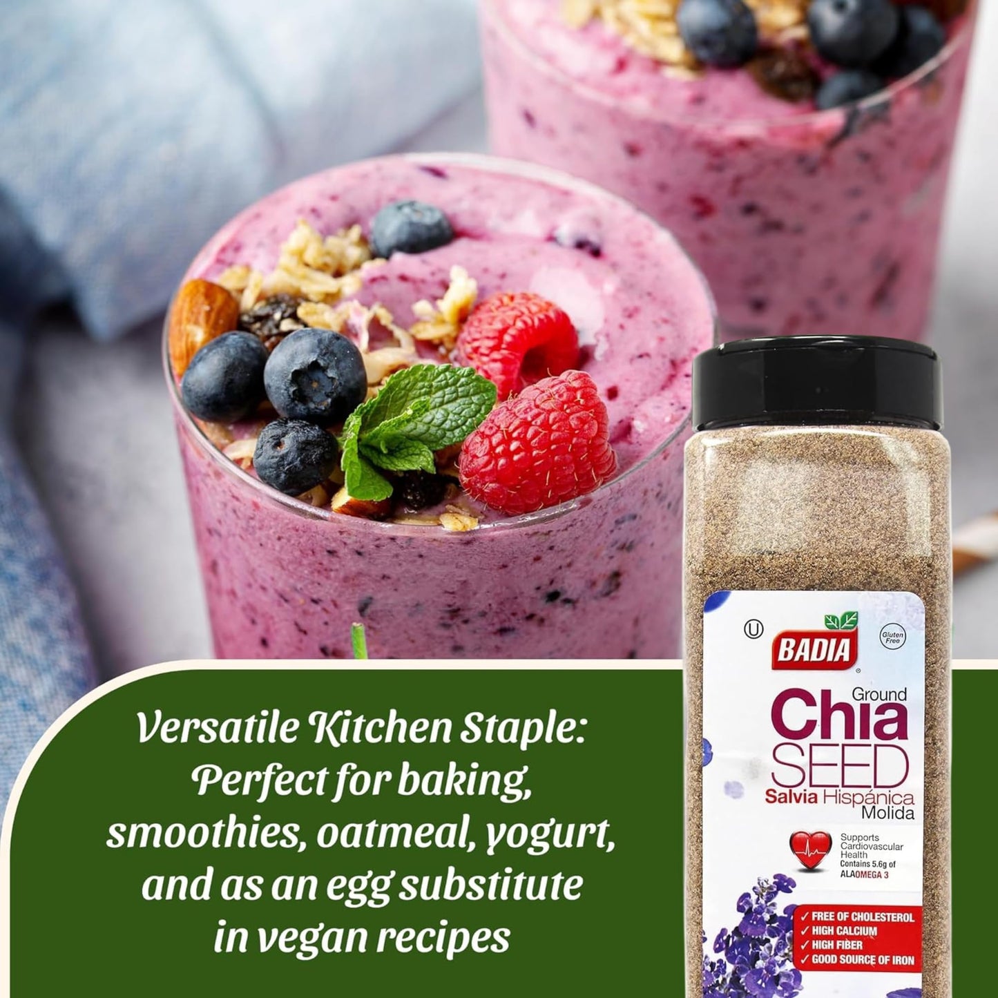 Badia Ground Chia Seeds, 16 oz - Superfood for Smoothies, Baking & Cooking - Source of Fiber, Omega-3 & Protein