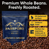 Passport Coffee Portofino Espresso - Medium-Light roast blend from Ethiopia, Costa Rica, Guatemala & Brazil. Flavor notes of caramel & brown sugar