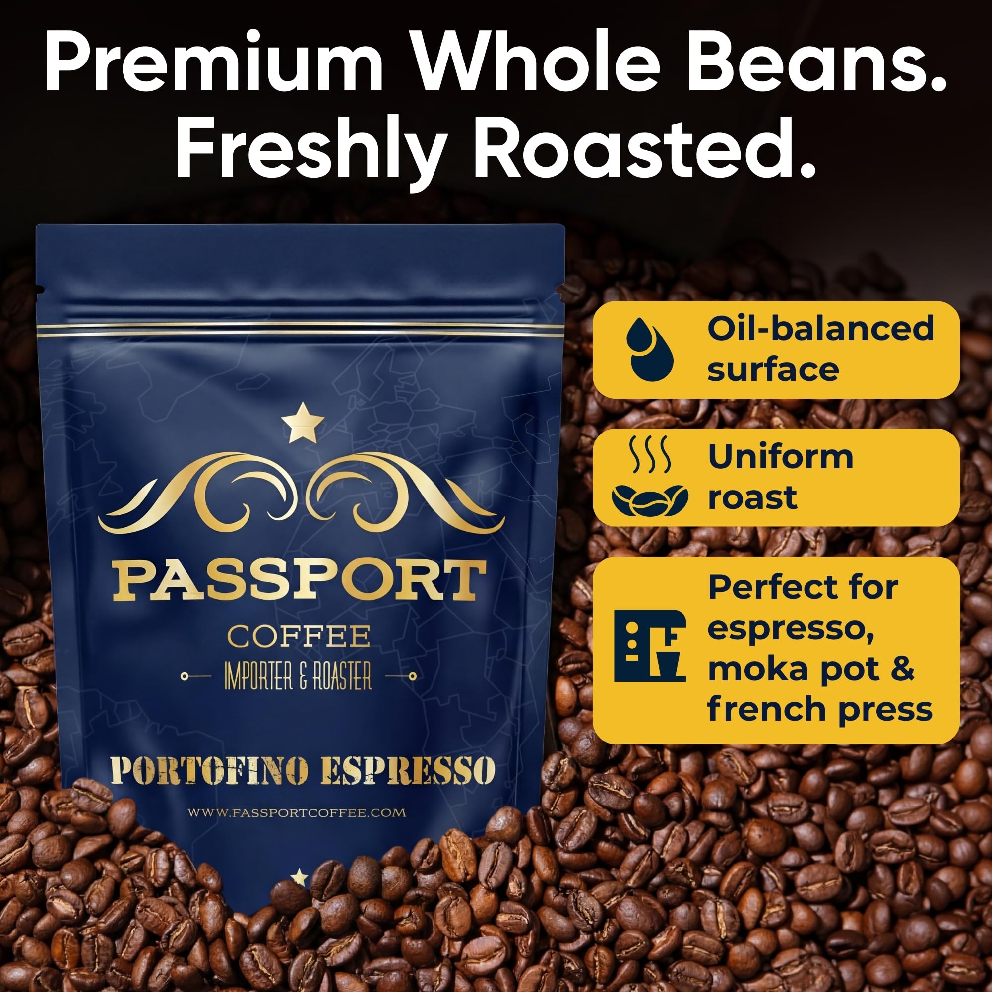 Passport Coffee Portofino Espresso - Medium-Light roast blend from Ethiopia, Costa Rica, Guatemala & Brazil. Flavor notes of caramel & brown sugar