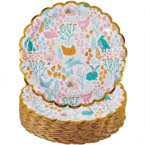 KTCNMER Easter Paper Plates Bulk 50 pcs 9 in Dinner Disposable Plates Heavy-duty for Easter Party Supplies, Gold Foil Scalloped Edge