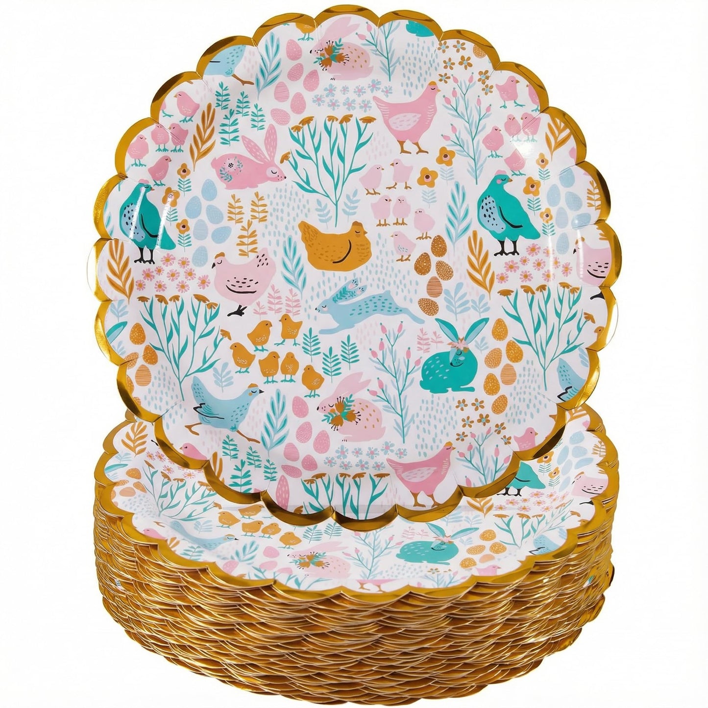 KTCNMER Easter Paper Plates Bulk 50 pcs 9 in Dinner Disposable Plates Heavy-duty for Easter Party Supplies, Gold Foil Scalloped Edge