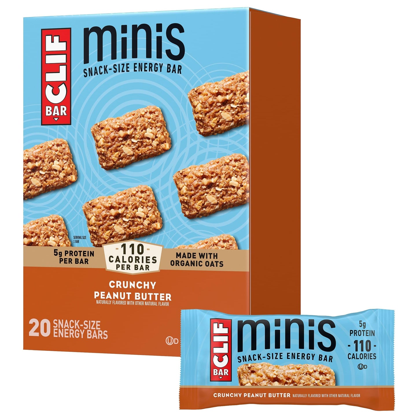 CLIF BAR Minis - Crunchy Peanut Butter - Made with Organic Oats - 5g Protein - Non-GMO - Plant Based - Snack-Size Energy Bars - 0.99 oz. (20 Pack)