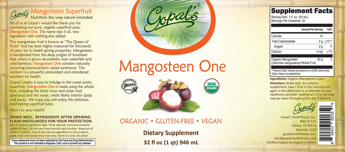Mangosteen One | 100% Pure Organic Mangosteen Juice - 32oz Glass Bottle (1qt) | Xanthone, Vitamin & Antioxidant Rich Whole Superfruit - Gluten-Free