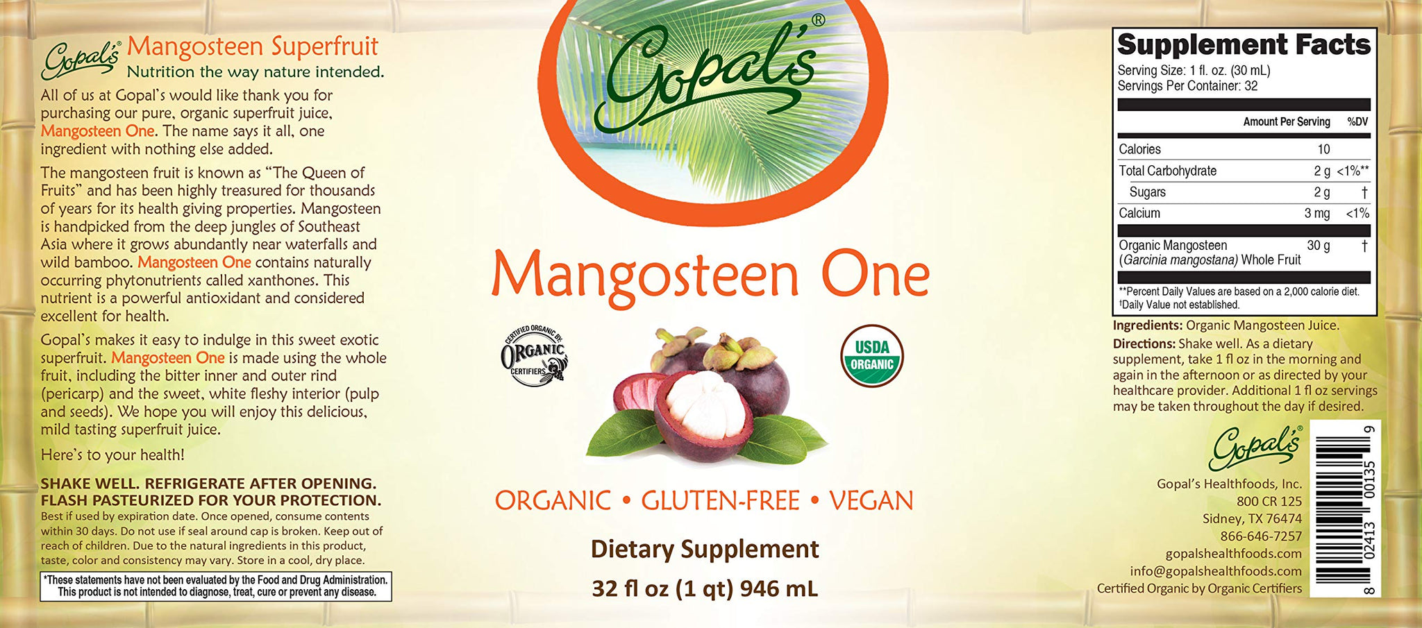 Mangosteen One | 100% Pure Organic Mangosteen Juice - 32oz Glass Bottle (1qt) | Xanthone, Vitamin & Antioxidant Rich Whole Superfruit - Gluten-Free