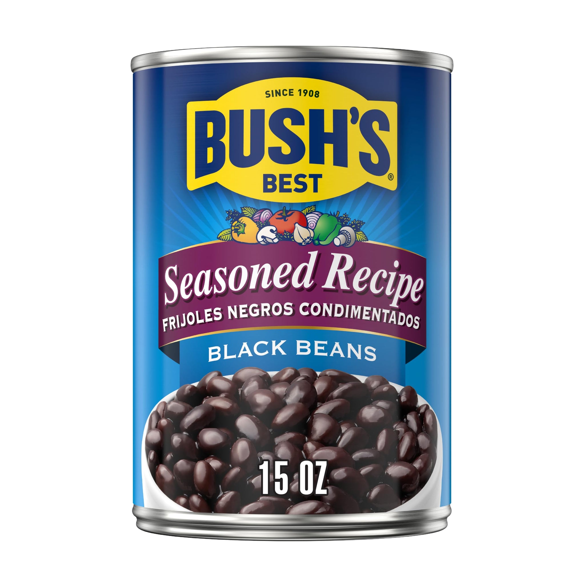 Bush's Canned Seasoned Recipe Black Beans (Pack of 1), Good Source of Plant-Based Protein, Good Source of Fiber, Fat Free, Gluten Free, 15 oz