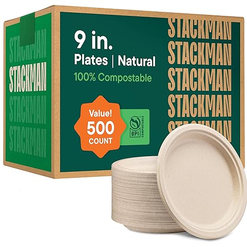100% Compostable Paper Plates 9 Inch [500 Count] Heavy-Duty Dinner Plates - Natural Brown Color Unbleached Bagasse - Eco-Friendly Disposable