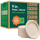 100% Compostable Paper Plates 9 Inch [500 Count] Heavy-Duty Dinner Plates - Natural Brown Color Unbleached Bagasse - Eco-Friendly Disposable