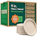 100% Compostable Paper Plates 9 Inch [500 Count] Heavy-Duty Dinner Plates - Natural Brown Color Unbleached Bagasse - Eco-Friendly Disposable