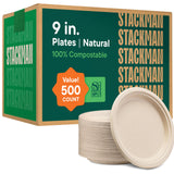 100% Compostable Paper Plates 9 Inch [500 Count] Heavy-Duty Dinner Plates - Natural Brown Color Unbleached Bagasse - Eco-Friendly Disposable