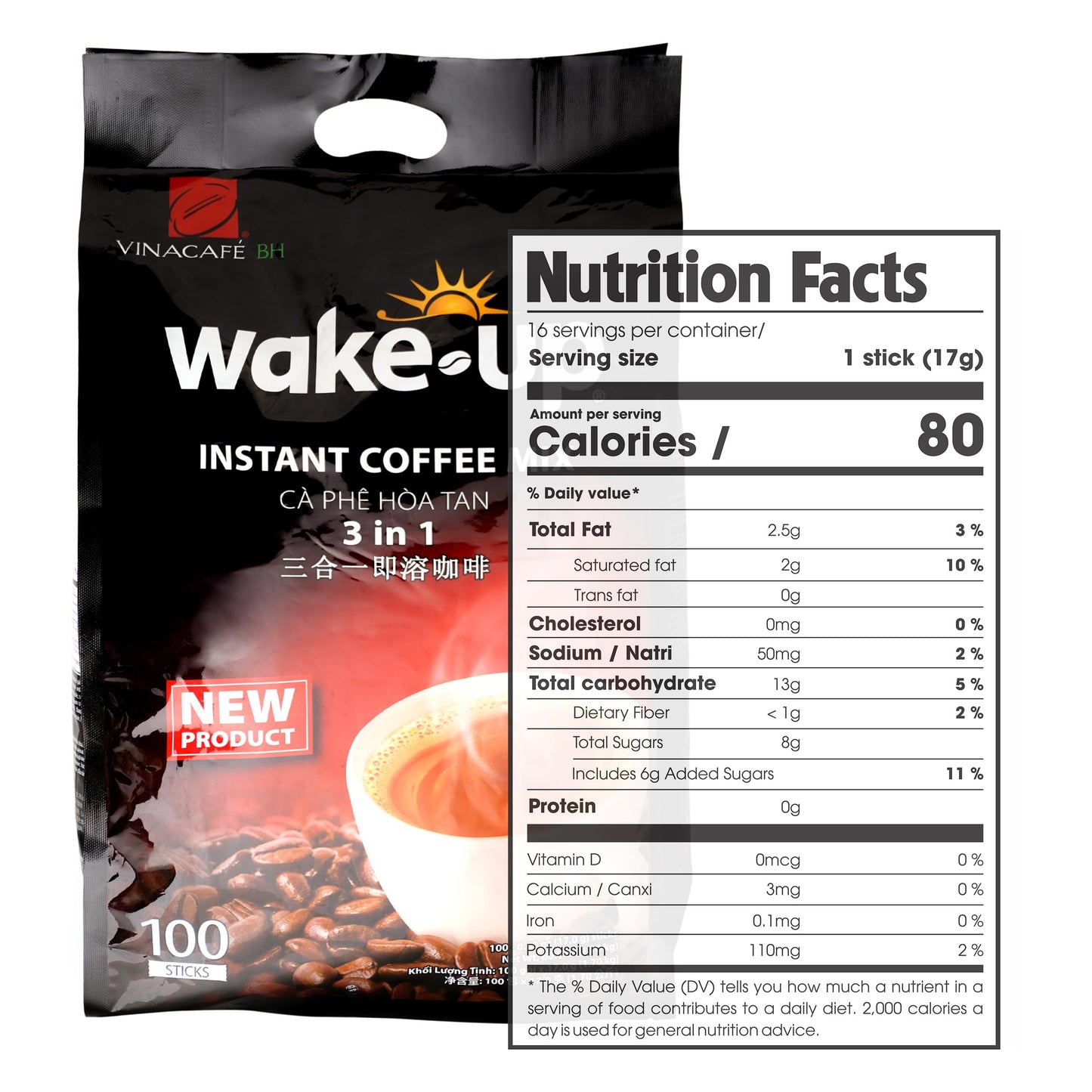 Vinacafe Premium 100 Sticks 3 in 1 Instant Wake-Up Coffee Mix, 100 Coffee Sticks Single Serves 1 Pack