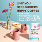 Wakers HAPPY Coffee supports energy, focus, anti-aging, and metabolism. Made in the USA with natural ingredients and Keto-friendly. Reminding you