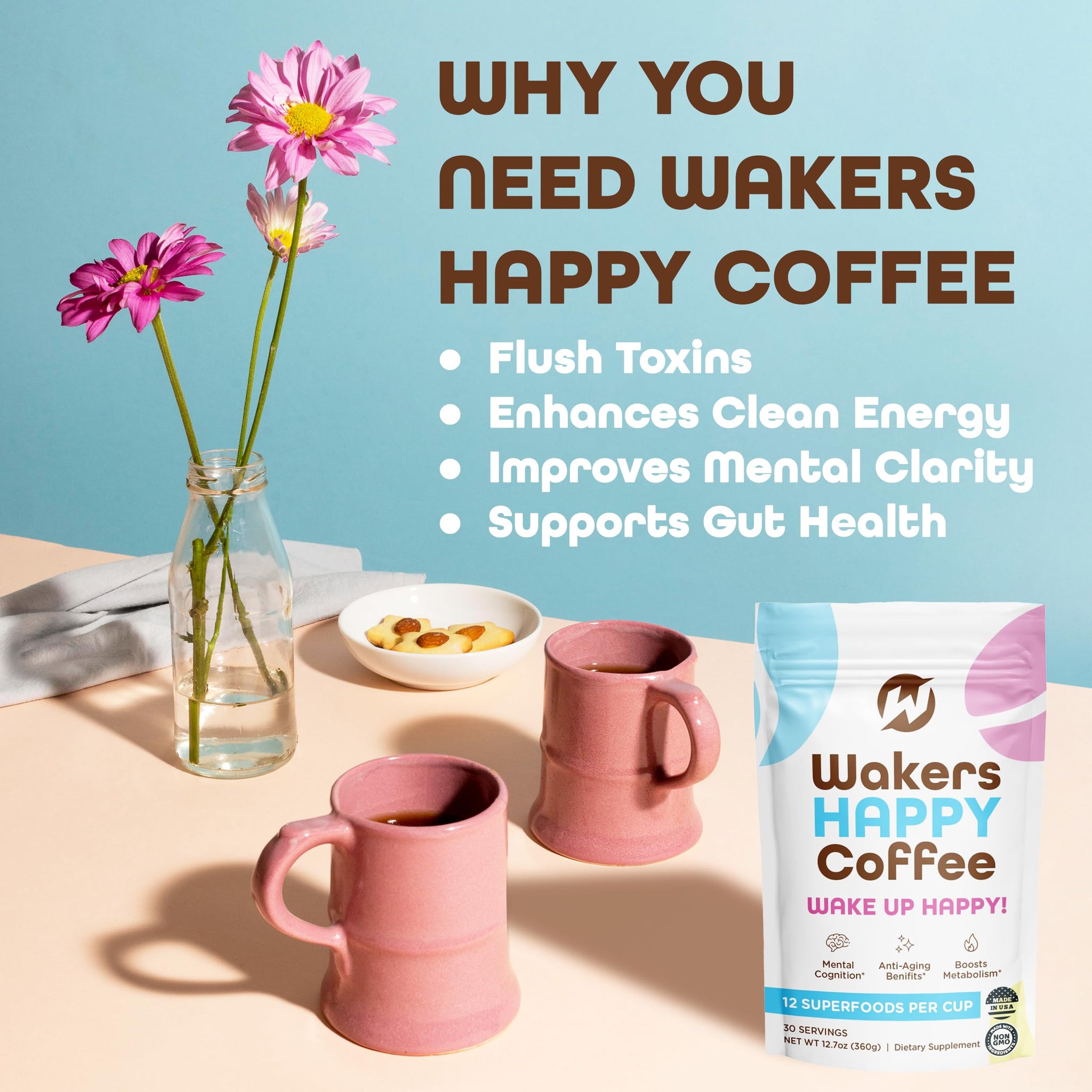 Wakers HAPPY Coffee supports energy, focus, anti-aging, and metabolism. Made in the USA with natural ingredients and Keto-friendly. Reminding you