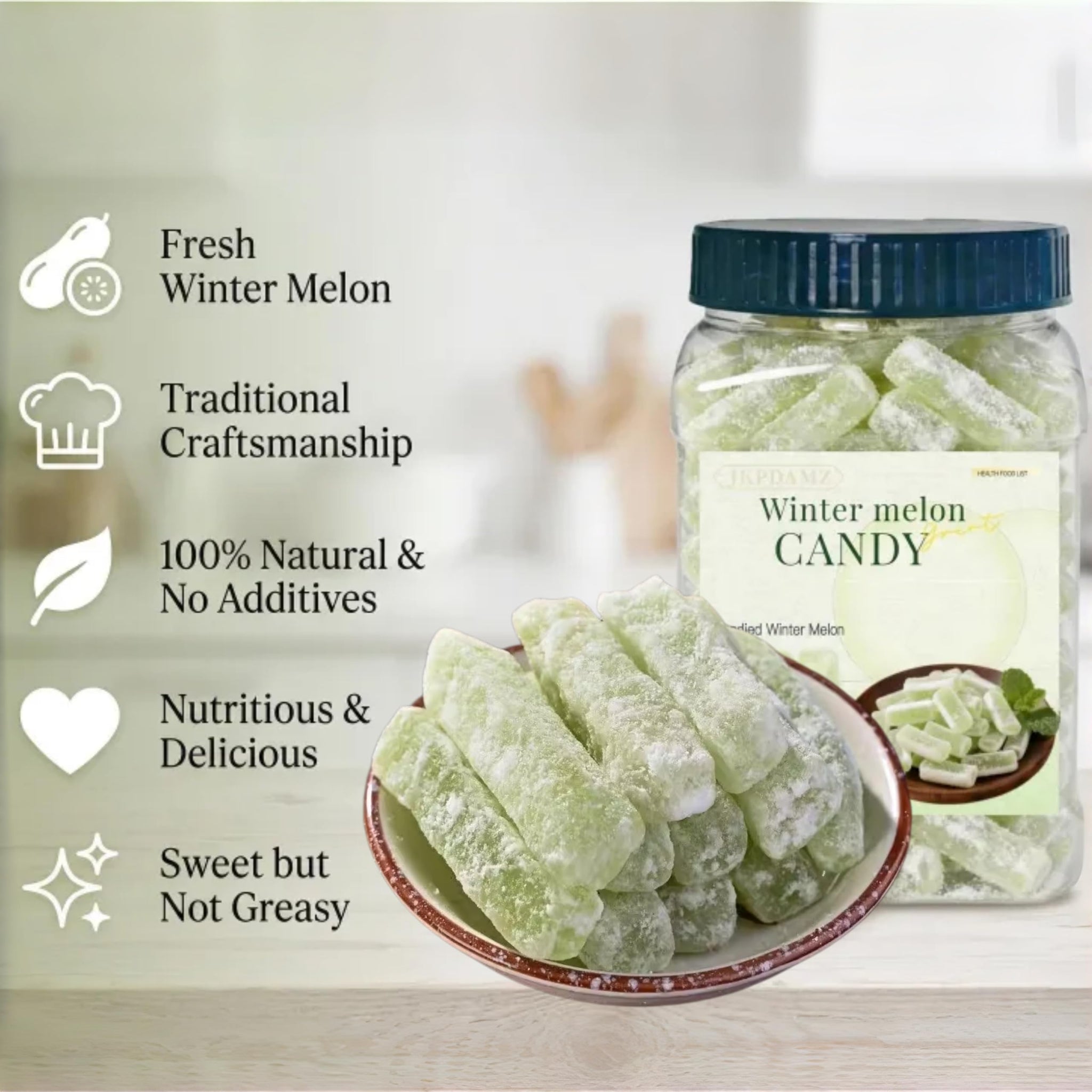 Candied Winter Melon Strips, Rock Sugar Preserved White Gourd, Cantonese Style, 800g, Sealed Jar, Strip Form