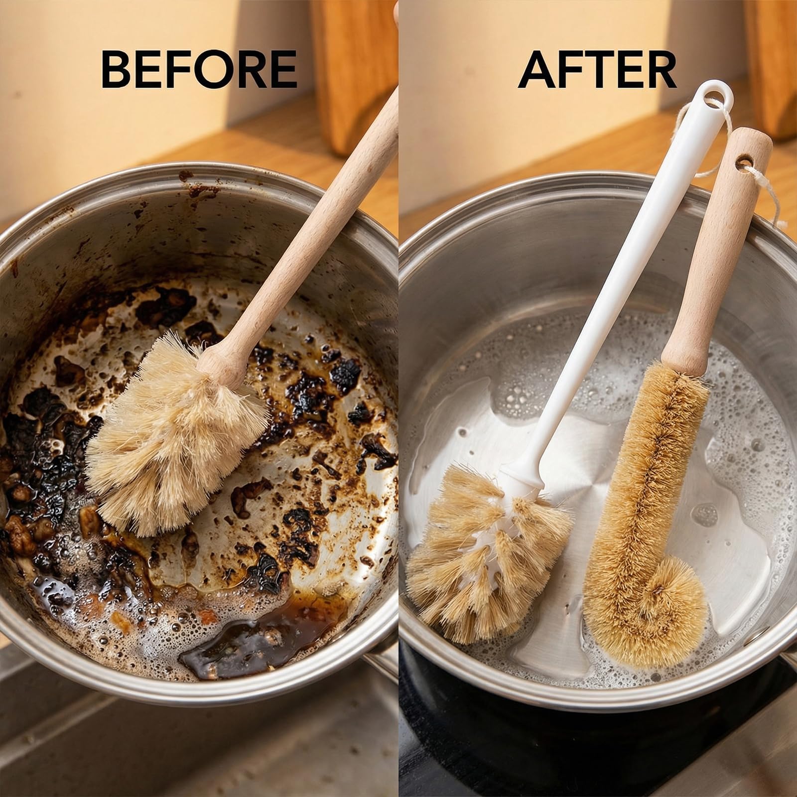 MI BRUSHAX Bottle Brush & Dish Scrubber Set (3 Pack) - Kitchen Cleaning Kit with L-Shape Bottle Cleaner, Round Pan Brush & Detail Scrubber - Multi-Use