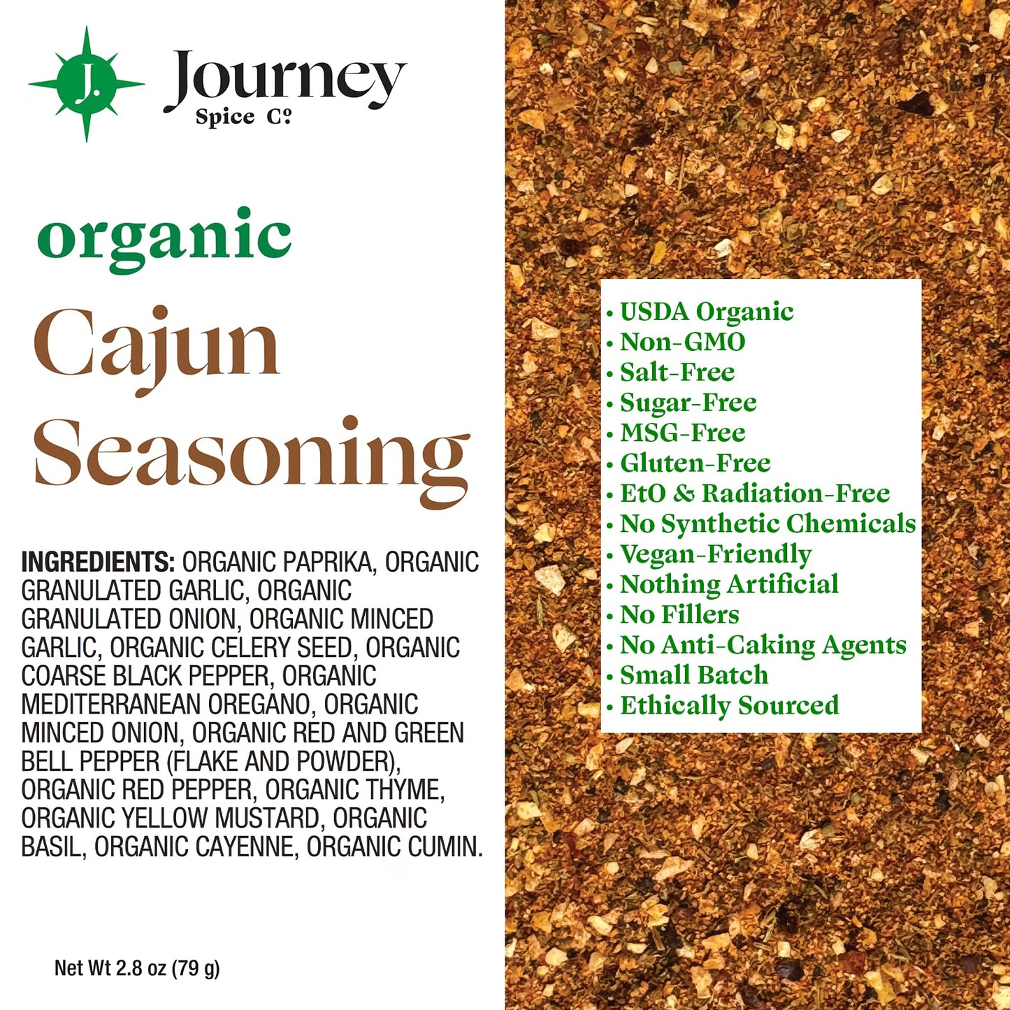 Organic Cajun Seasoning by Journey Spice Co. | Natural Salt-Free, Sugar-Free, Non-GMO, Vegan All-Purpose Spice Herb Blend for Poultry, Meat