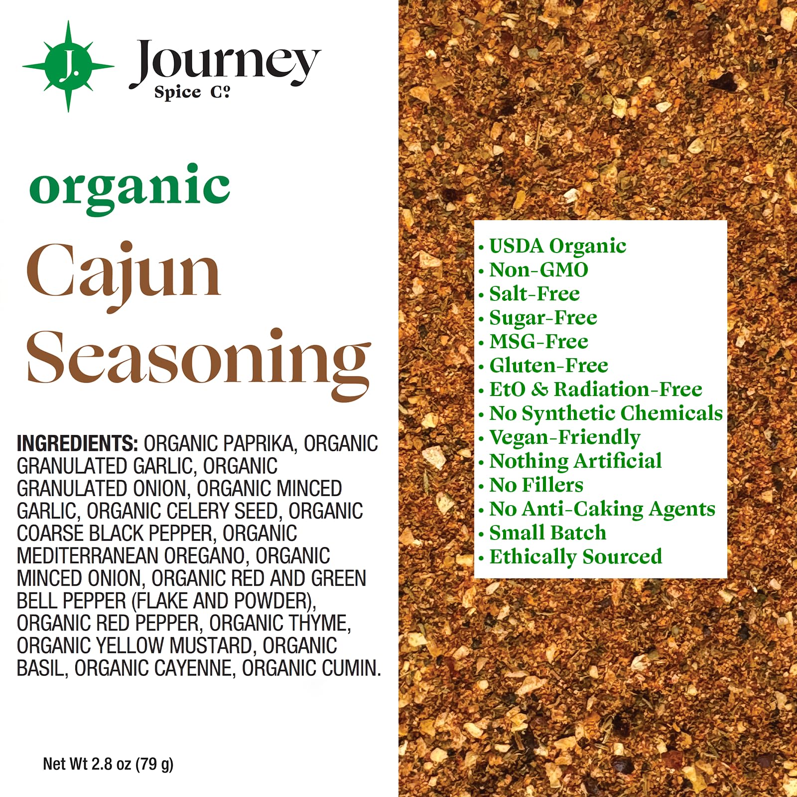 Organic Cajun Seasoning by Journey Spice Co. | Natural Salt-Free, Sugar-Free, Non-GMO, Vegan All-Purpose Spice Herb Blend for Poultry, Meat