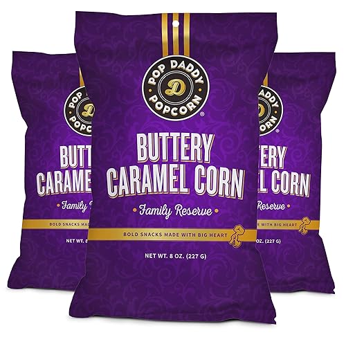 Pop Daddy Flavored Popcorn Gourmet, Buttery Caramel Flavor, Hand Seasoned Kernels Gluten Free Popcorn Snacks, 8oz Individual Bags, 3 Pack
