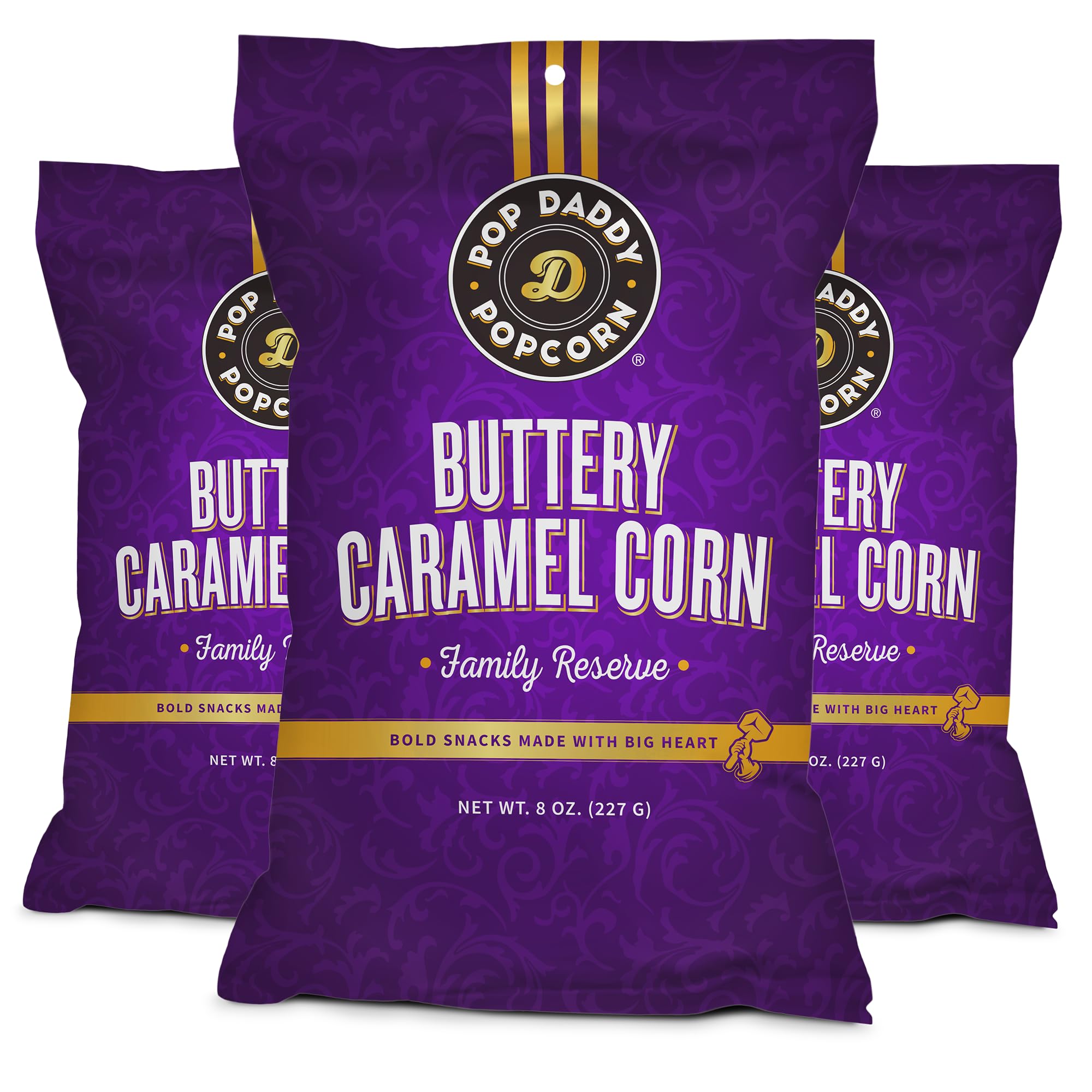 Pop Daddy Flavored Popcorn Gourmet, Buttery Caramel Flavor, Hand Seasoned Kernels Gluten Free Popcorn Snacks, 8oz Individual Bags, 3 Pack