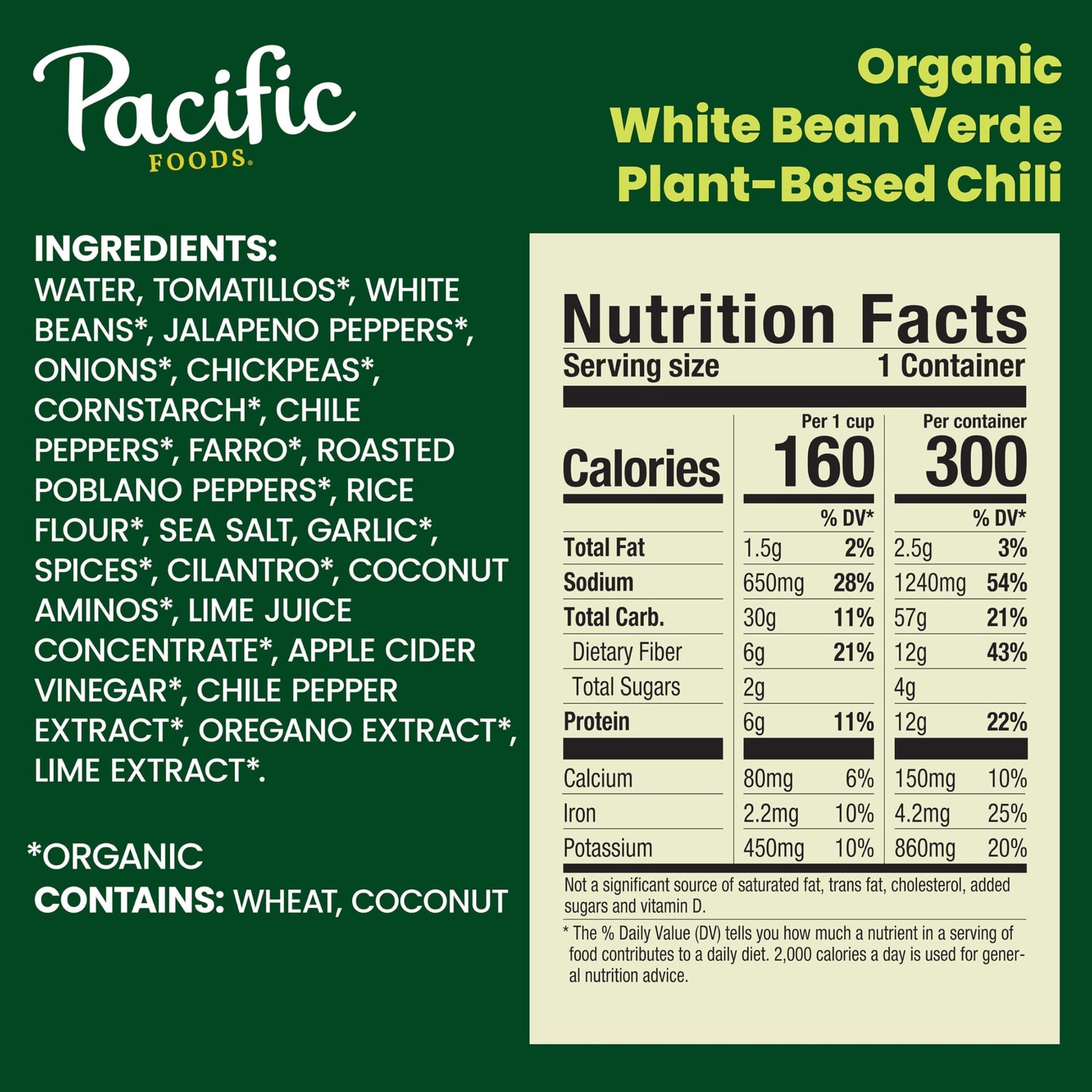 Pacific Foods Organic White Bean Verde Chili, Plant Based, 16.5 oz Can