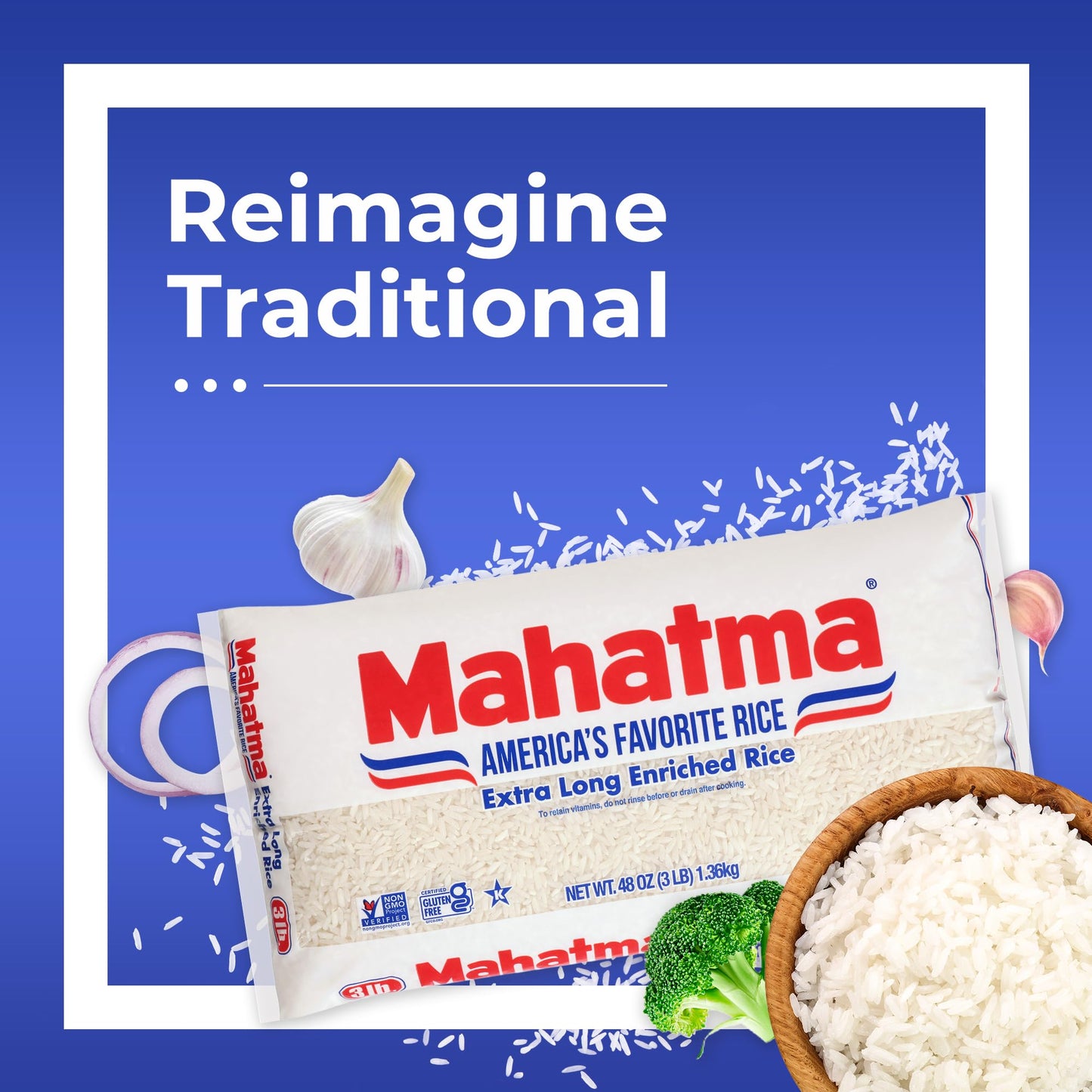 Mahatma 3 Pounds Long-Grain White Rice, Gluten-Free and Non-GMO White Rice Bag