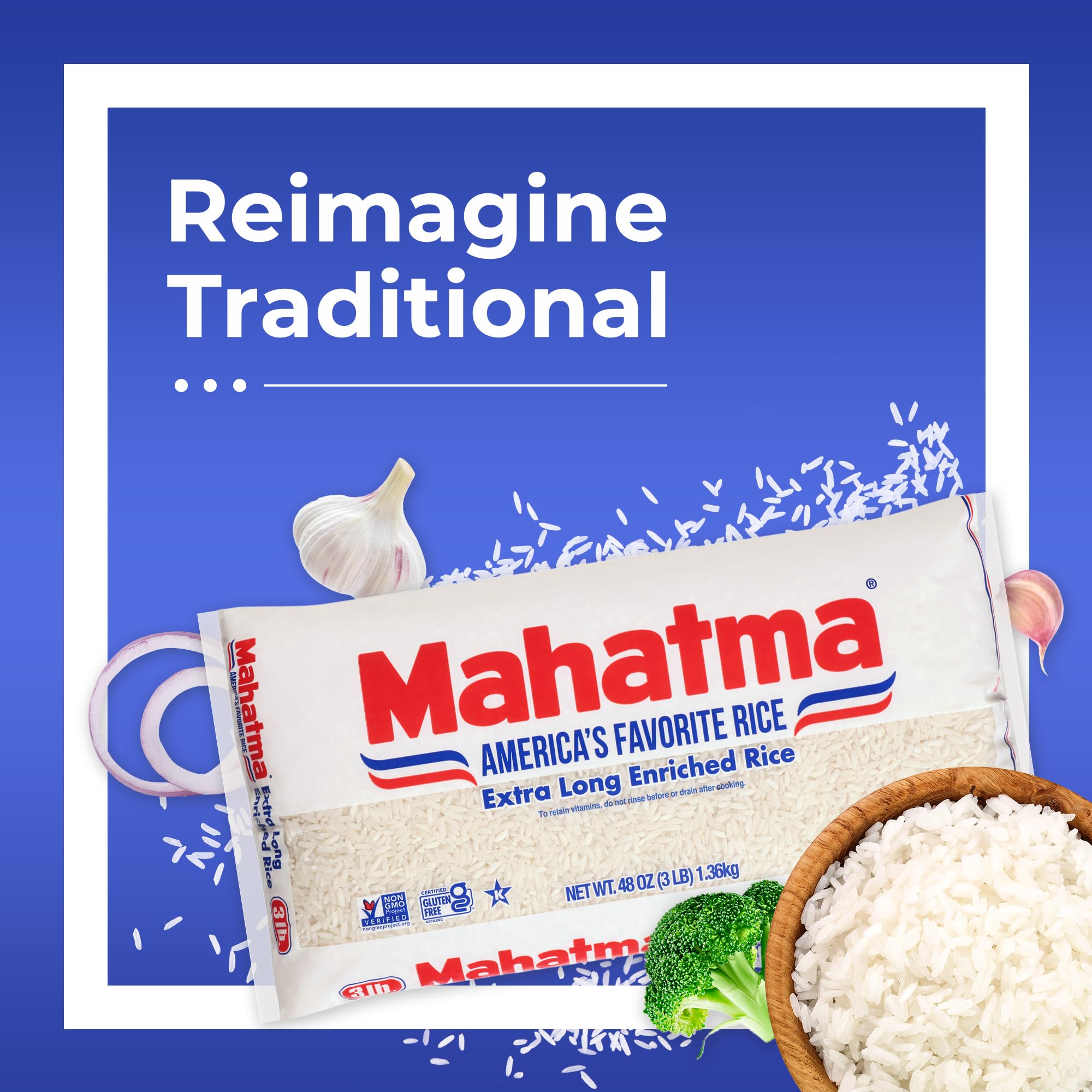 Mahatma 3 Pounds Long-Grain White Rice, Gluten-Free and Non-GMO White Rice Bag