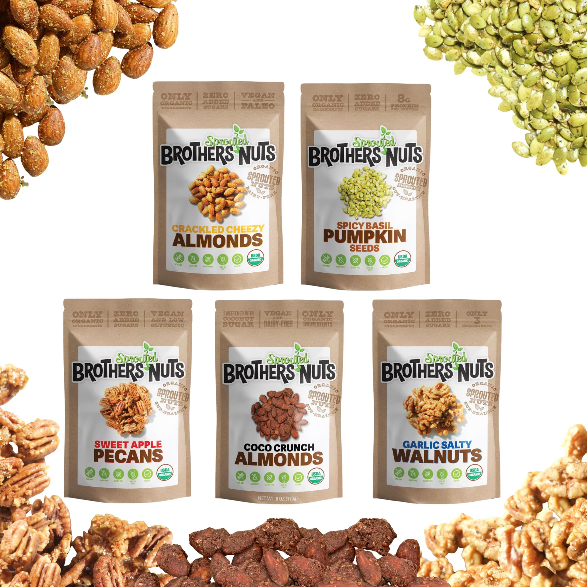 Brothers Nuts Variety Pack - Organic, Sprouted Nuts & Seeds - Five Delicious Flavors - Healthy Keto Snacks - Vegan, Gluten-Free, Kosher - No