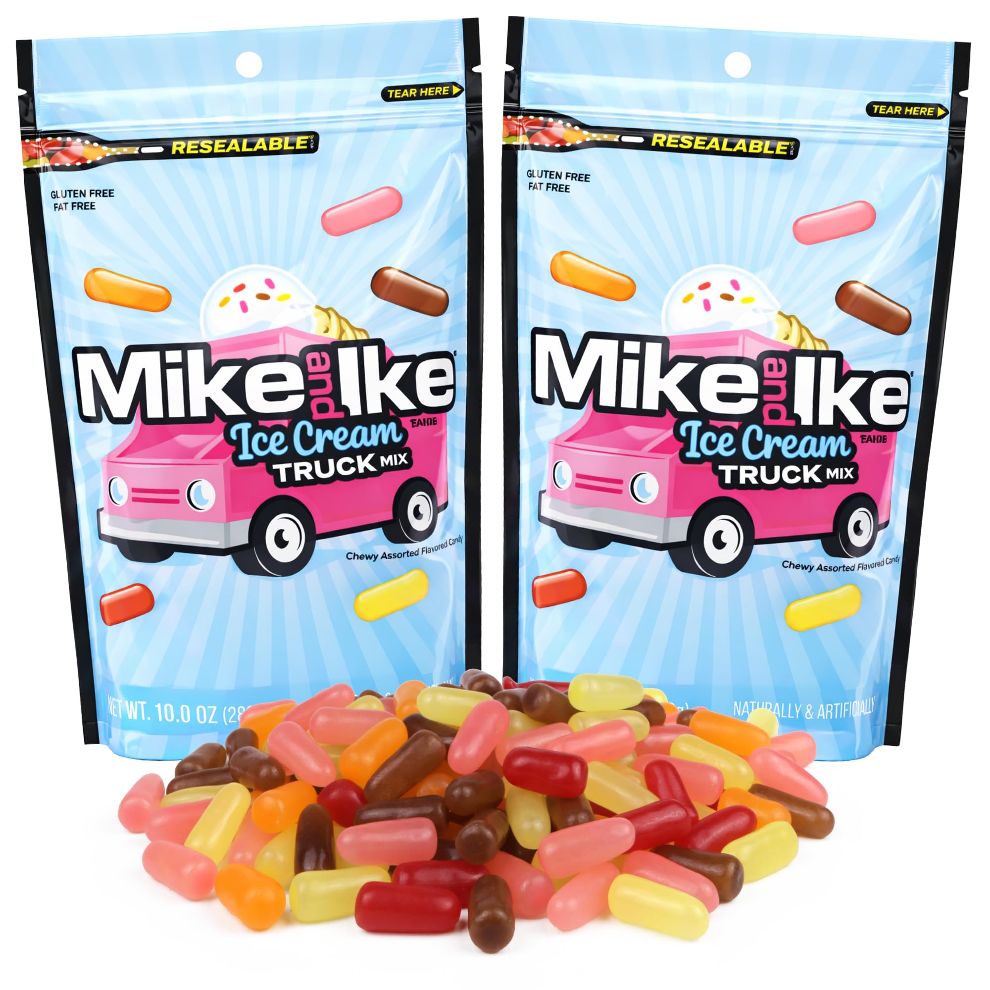 Bulk Mike and Ike Ice Cream Truck Mix, Assorted Chewy Candies, Resealable Bag, 10 Ounces (Pack of 2)