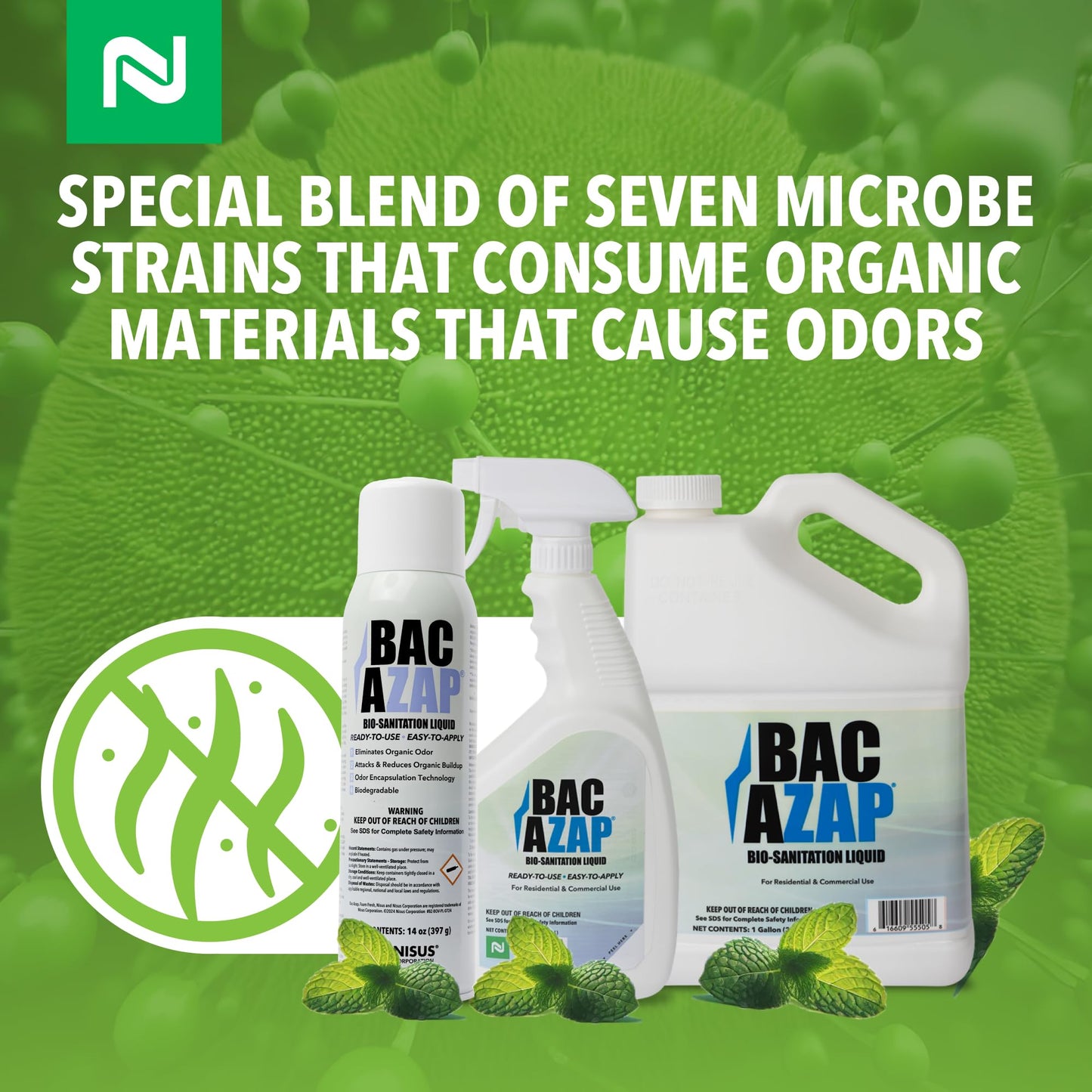 Nisus Bac-Azap Odor Eliminator, Ready-to-Use Bio-Sanitization Liquid, Neutralizes Organic Waste Odors, Safe for Plumbing, 1 Gallon