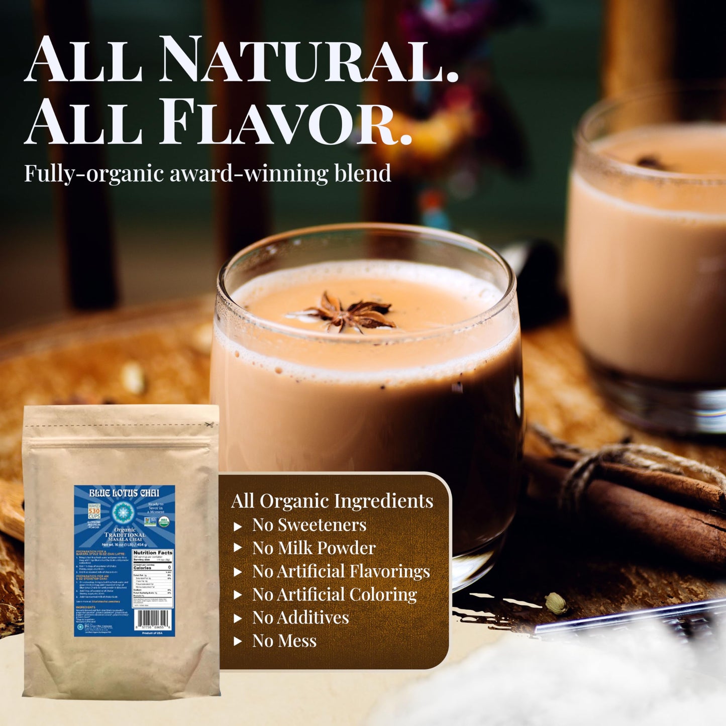 Blue Lotus Chai - Fully Organic Traditional Masala Chai - Makes 530 Cups - 1 Pound Bulk Bag Masala Spiced Chai Powder with Organic Spices - Instant