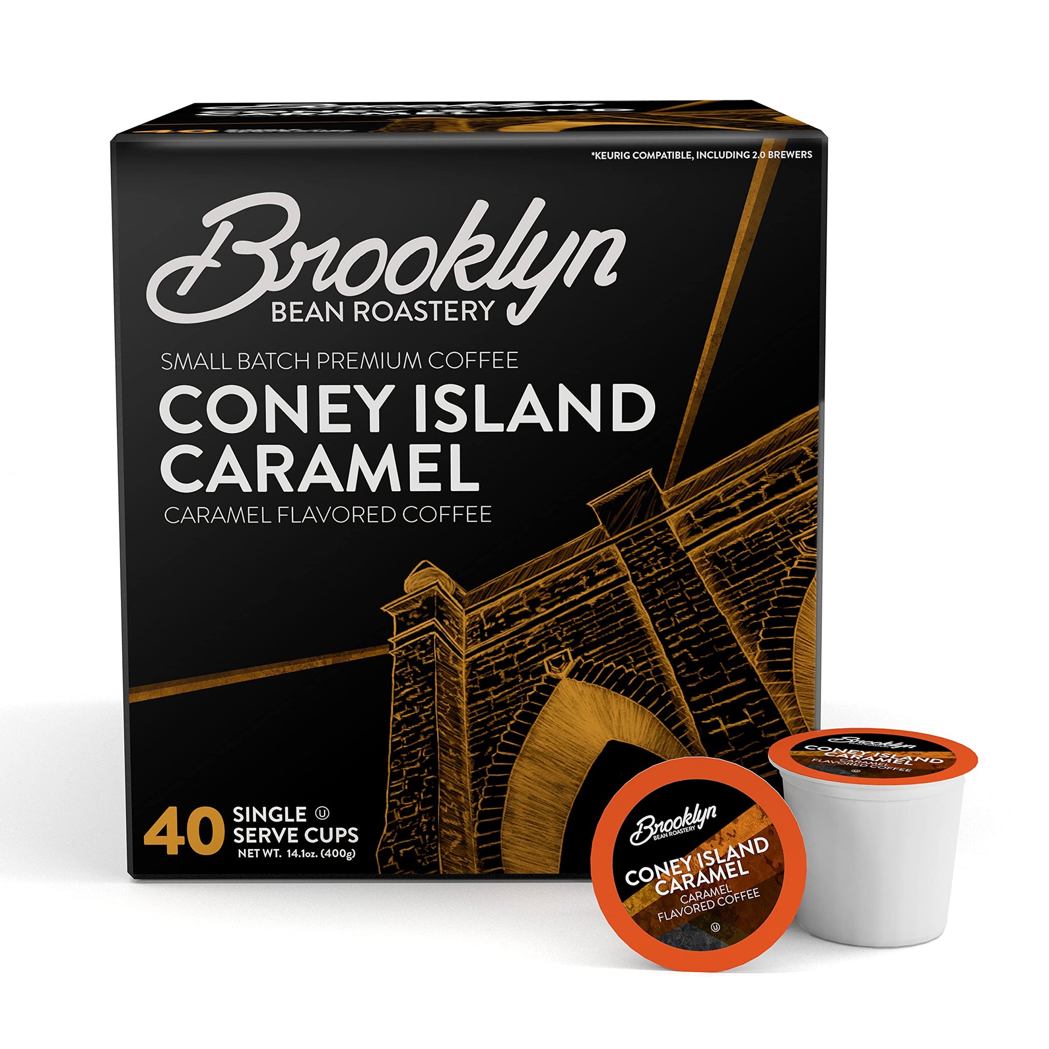 Brooklyn Beans Coney Island Caramel Gourmet Coffee Pods - Compatible with Keurig K Cup Brewers Including 2.0 Machines, 40 Count, Rich and Creamy