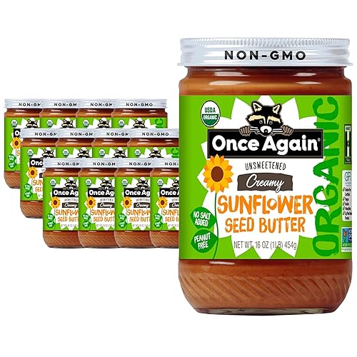 Once Again Organic Creamy Sunflower Butter, 16oz - Salt Free, Unsweetened - Peanut Free, USDA Organic, Gluten Free Certified, Vegan, Kosher - Glass