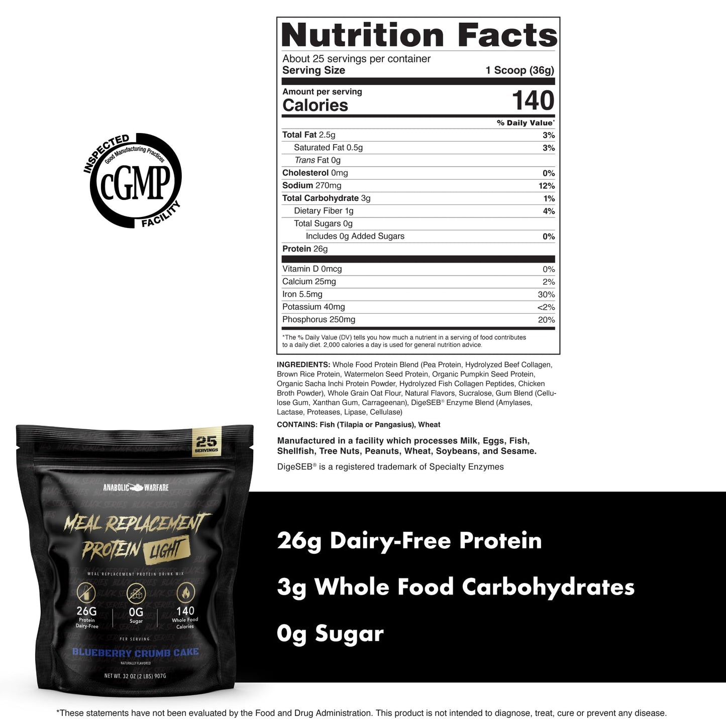 Meal Replacement Protein Light - Light Whole Food Meal Replacement Protein Powder (Blueberry Crumb Cake - 25 Servings)