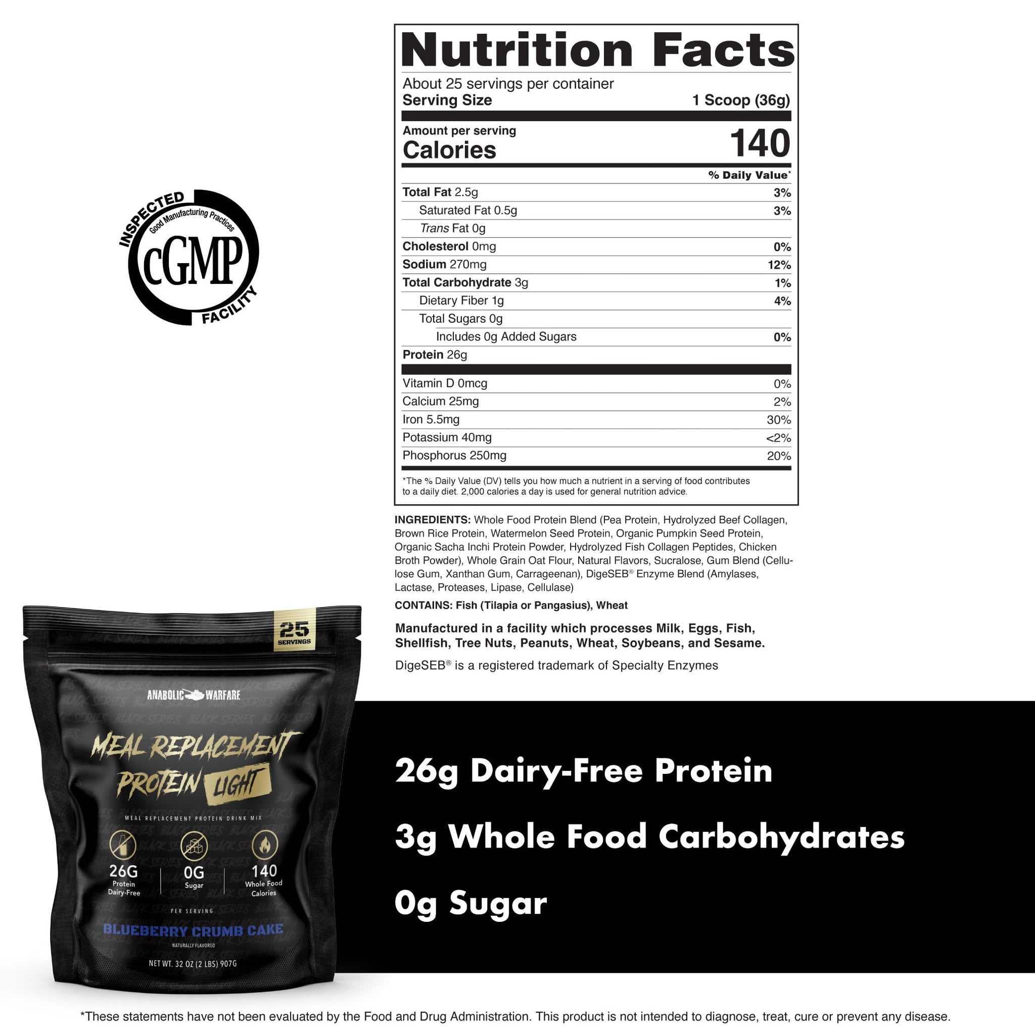 Meal Replacement Protein Light - Light Whole Food Meal Replacement Protein Powder (Blueberry Crumb Cake - 25 Servings)