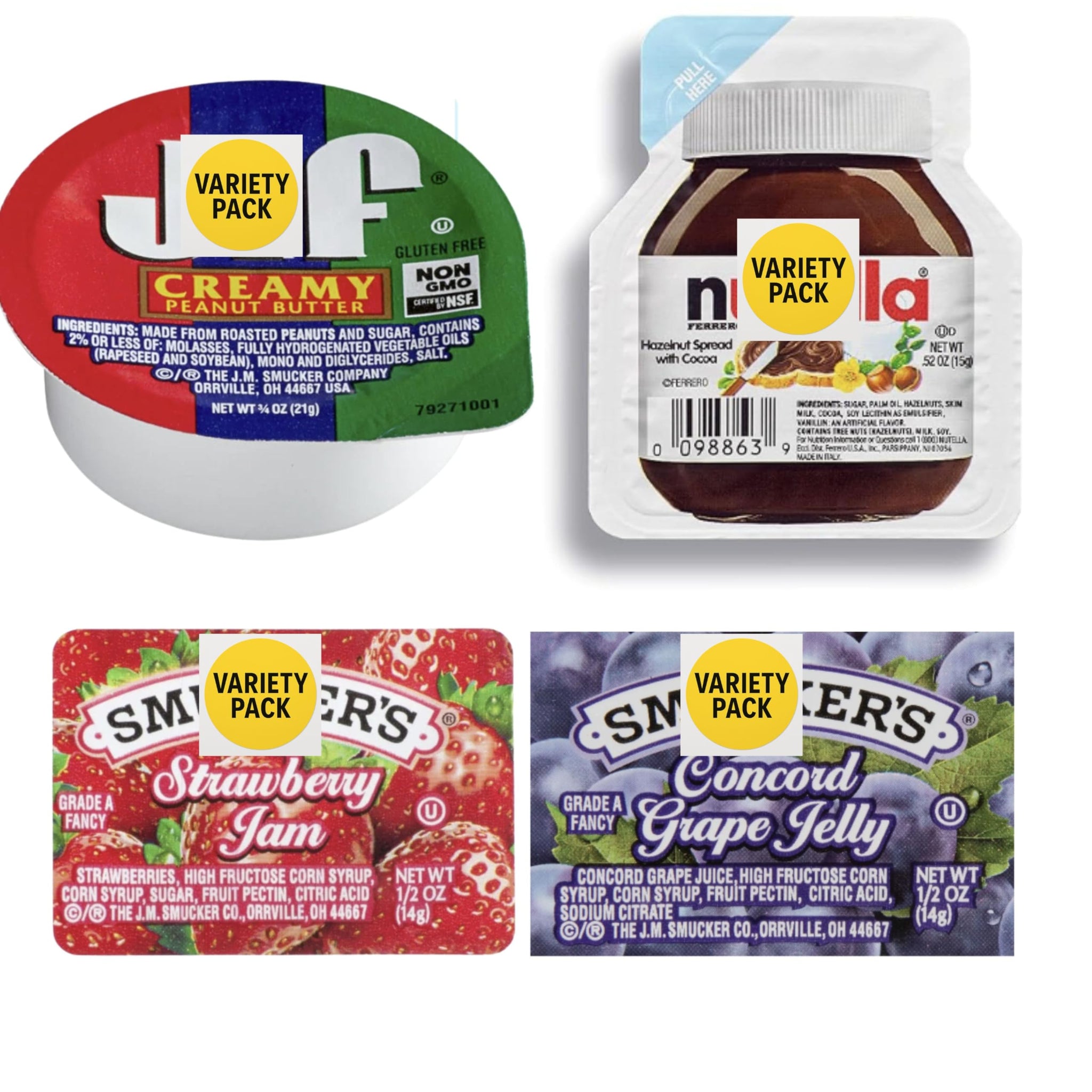 Breakfast Spreads Variety Pack -40 Single-Serve Portion Cups - Peanut Butter, Hazelnut Cocoa Spread, Strawberry Jam & Grape Jelly - Individual Packs
