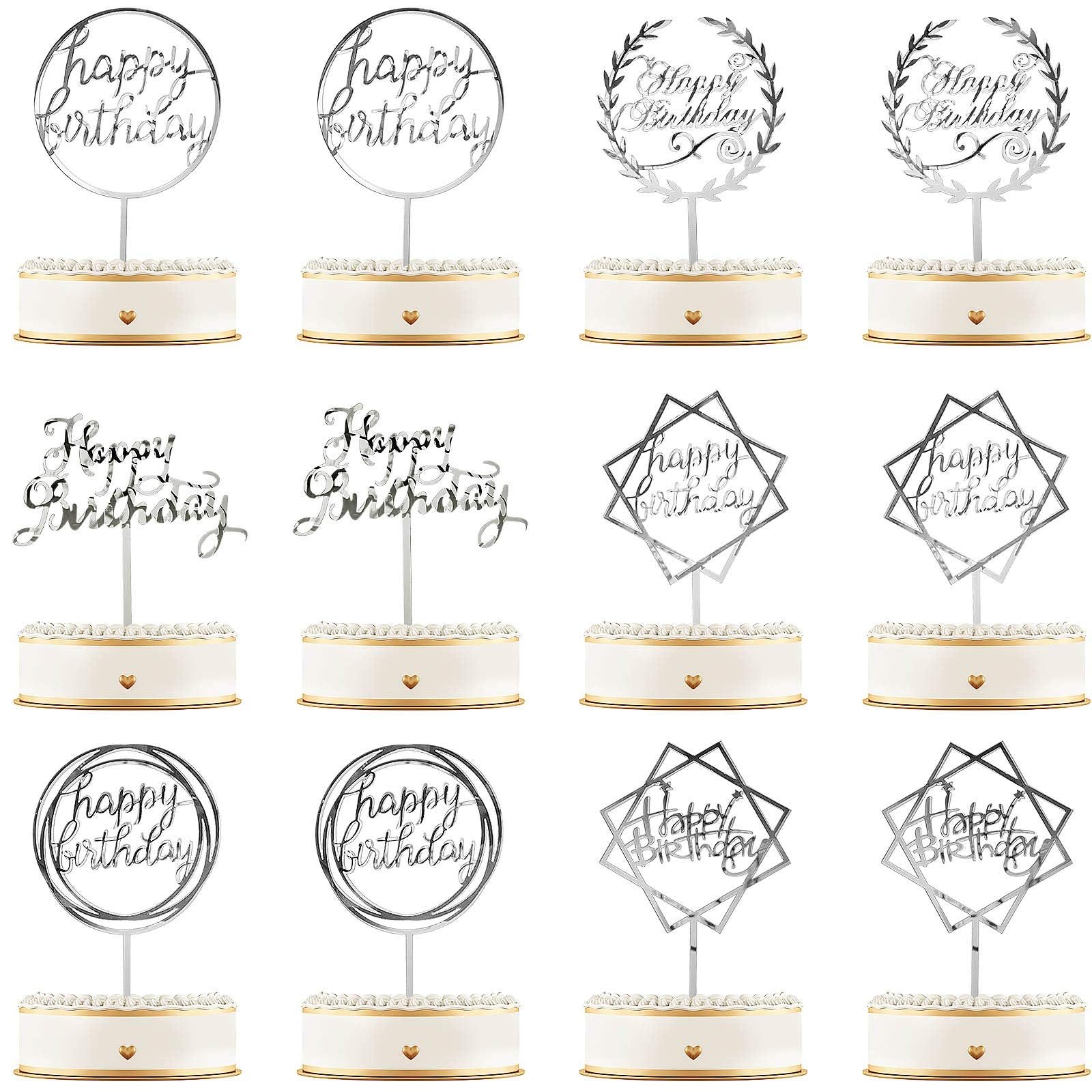 12 Pieces Acrylic Happy Birthday Cake Topper Glitter Birthday Cupcake Topper Pick Decorations for Birthday Party Cake Desserts Pastries, 6 Styles