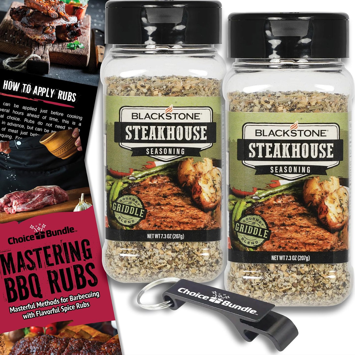Blackstone Steakhouse Seasoning - Gourmet Griddle Premium Barbecue Rub 2 Pk (14.6 oz) + BBQ Masters & Opener (4 Items)!