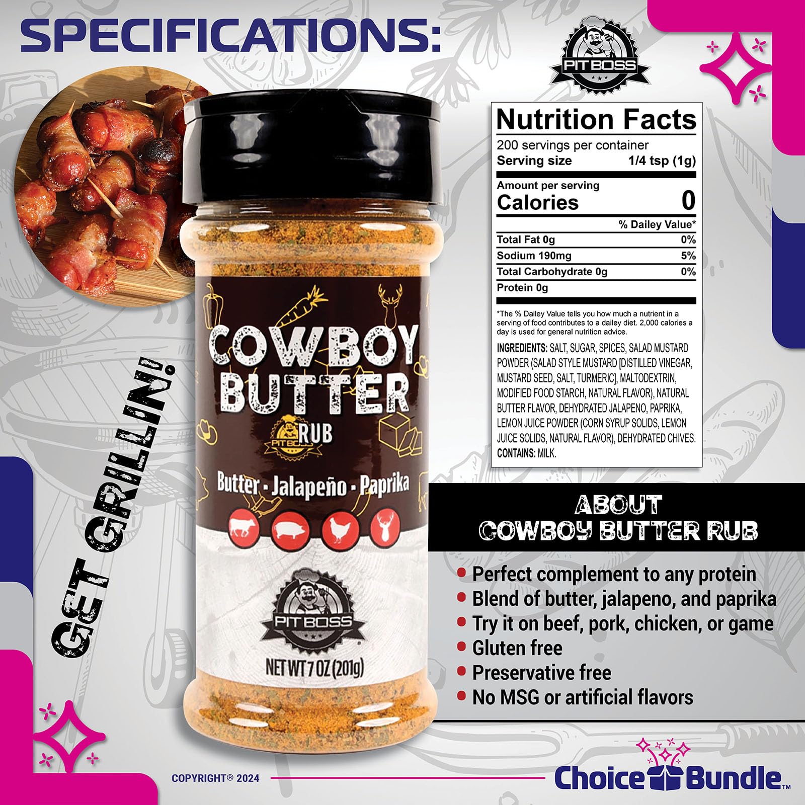 Pit Boss Cowboy Butter Premium Barbecue Mixed Seasoning Spice & Rub 4 pk Choice Bundle (28 oz) + Guide & Keychain Bottle Opener (6 Items)!