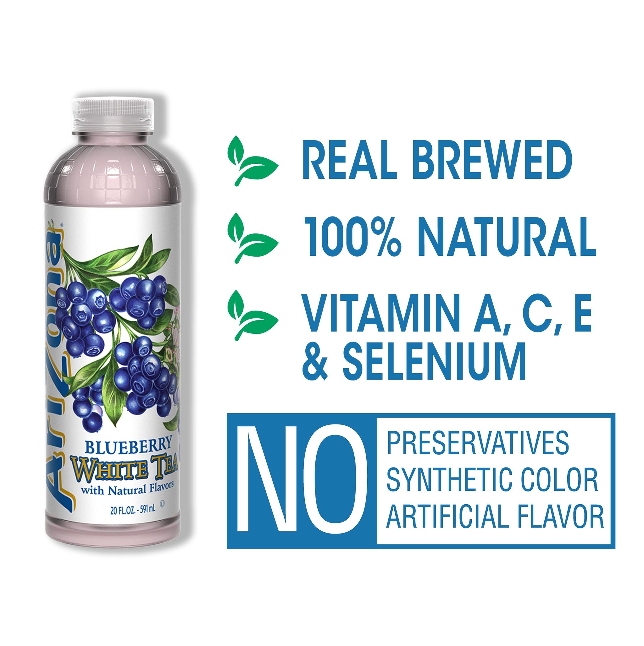 AriZona Blueberry White Tea - Premium Brewed Iced Tea, 20 Fl Oz (Pack of 12)
