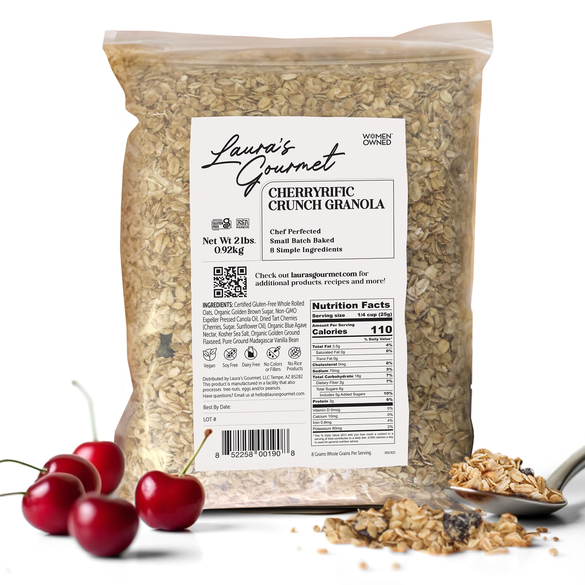 Laura's Gourmet Granola CherryRific Crunch, 2 lb, Gluten-Free Oats, Vegan, Dairy & Soy Free Snack, Organic Agave, Tart Cherries & Flaxseed, Artisan