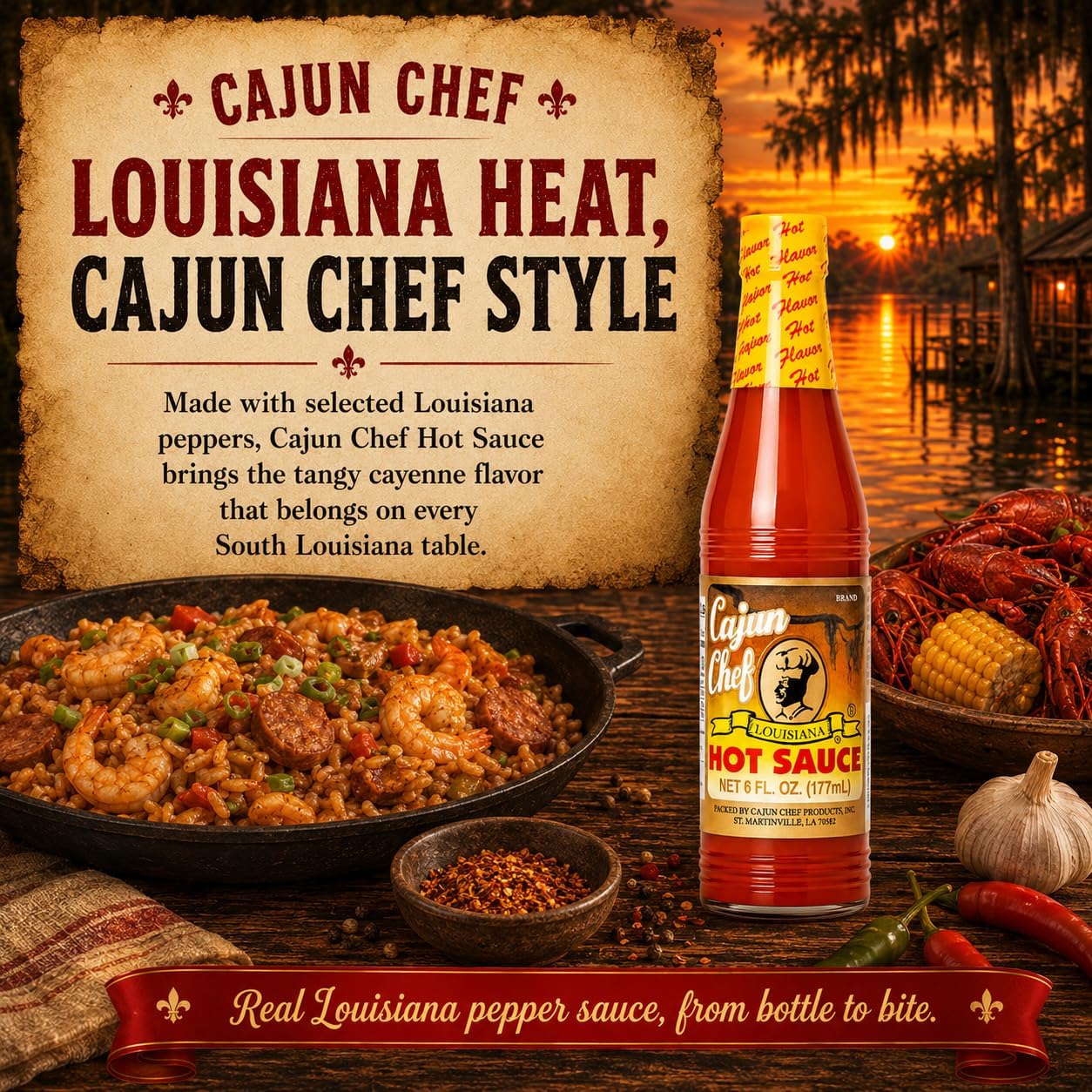 Cajun Chef Louisiana Hot Sauce 6 oz (Pack of 2) - Cajun Cayenne Pepper Sauce with Mild Heat, Louisiana Style Hot Sauce for Gumbo, Seafood, Soups