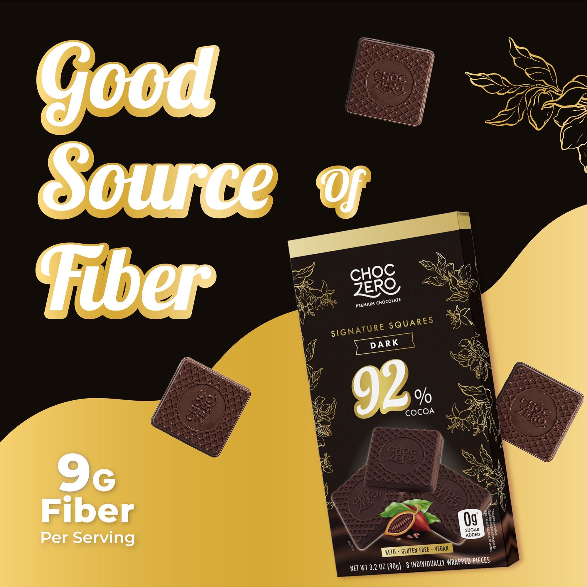 ChocZero 92% Cocoa Ultimate Dark Chocolate Squares - Sugar Free, Vegan, Keto Friendly & High Fiber, No Sugar Alcohols - 4 Count (3.2 oz Boxes)