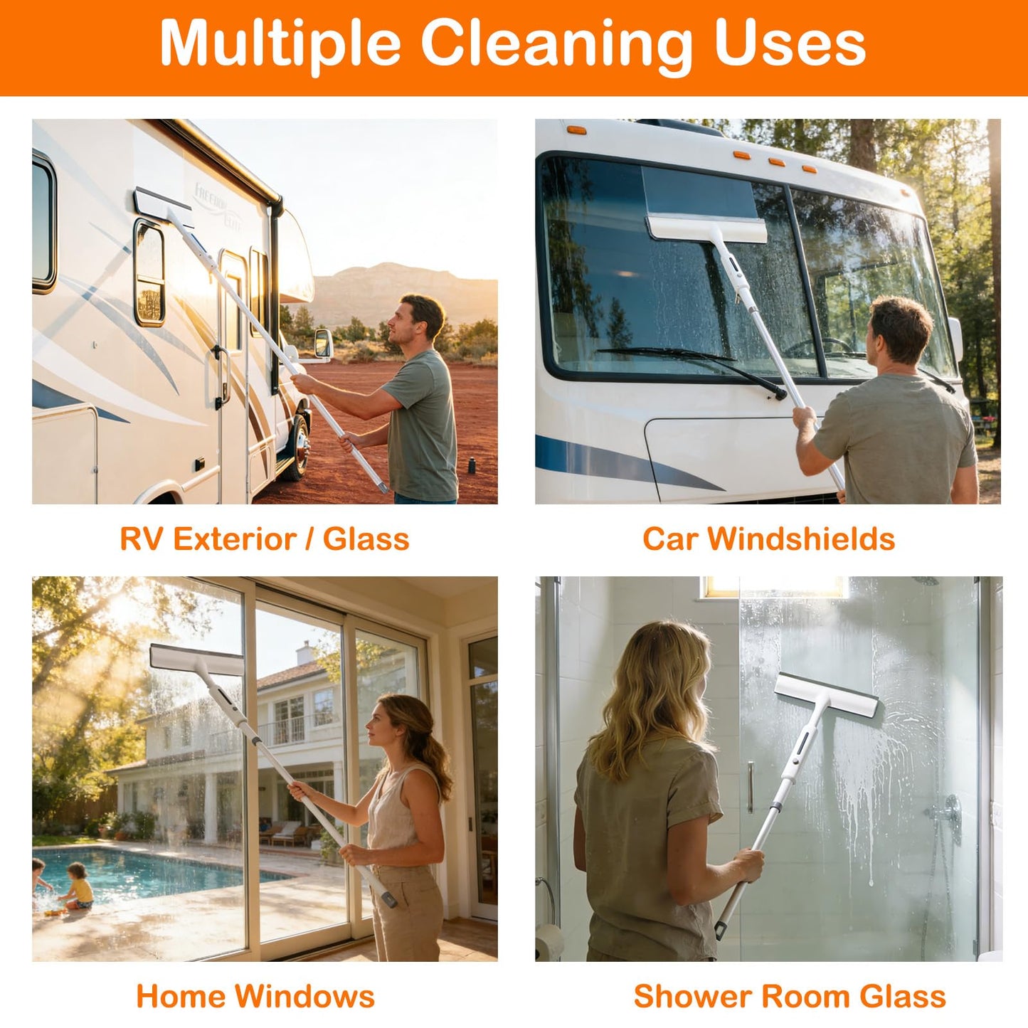 MIYIMORE RV Window Cleaning Squeegee with Spray, Max 73.3" Handle, Motorhome & Camper Exterior Glass Cleaner, 3-in-1 Spray Mop for High Windows, Home