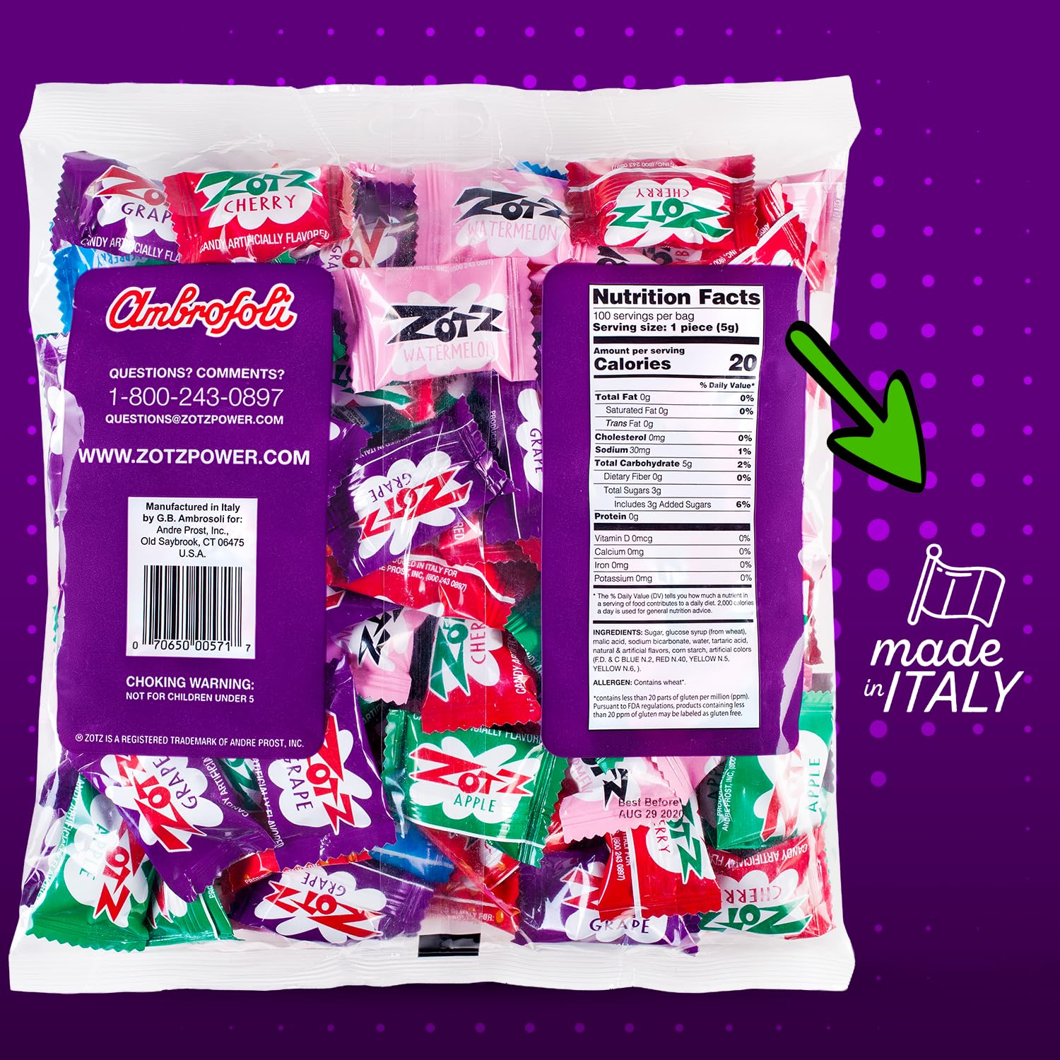 ZOTZ Fizzy Sour Candy Bulk - Retro Italian Hard Candy Individually Wrapped - Classic Nostalgic 7 Assorted Flavors Cherry, Watermelon, Strawberry, Blue