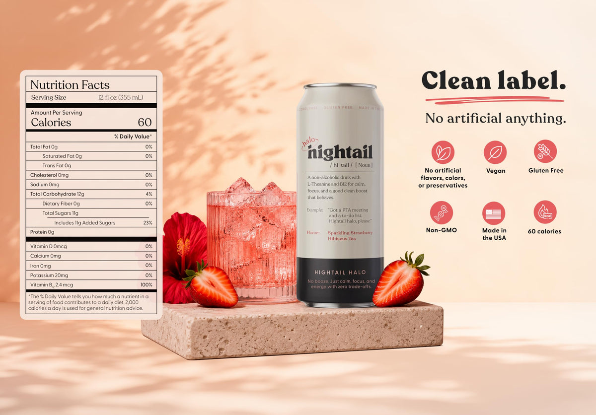 Hightail Halo Strawberry Hibiscus Sparkling Tea, L-Theanine + B12, 4 Pack