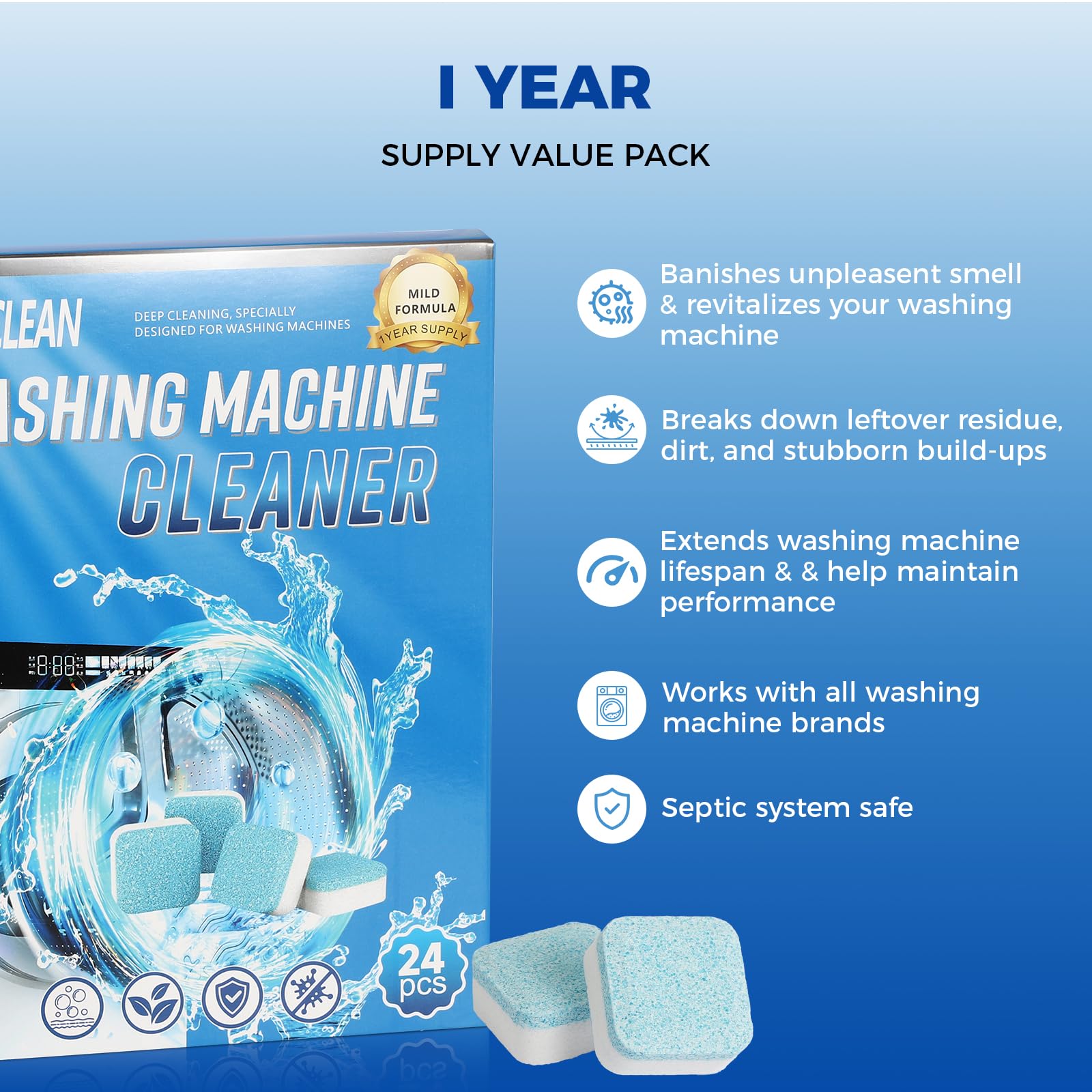 Gihen Washing Machine Cleaning Tablets 24 Count, Powerful Clean Descaler & Odor Remover for All Front & Top Load HE Washers, Septic Safe, 12 Month